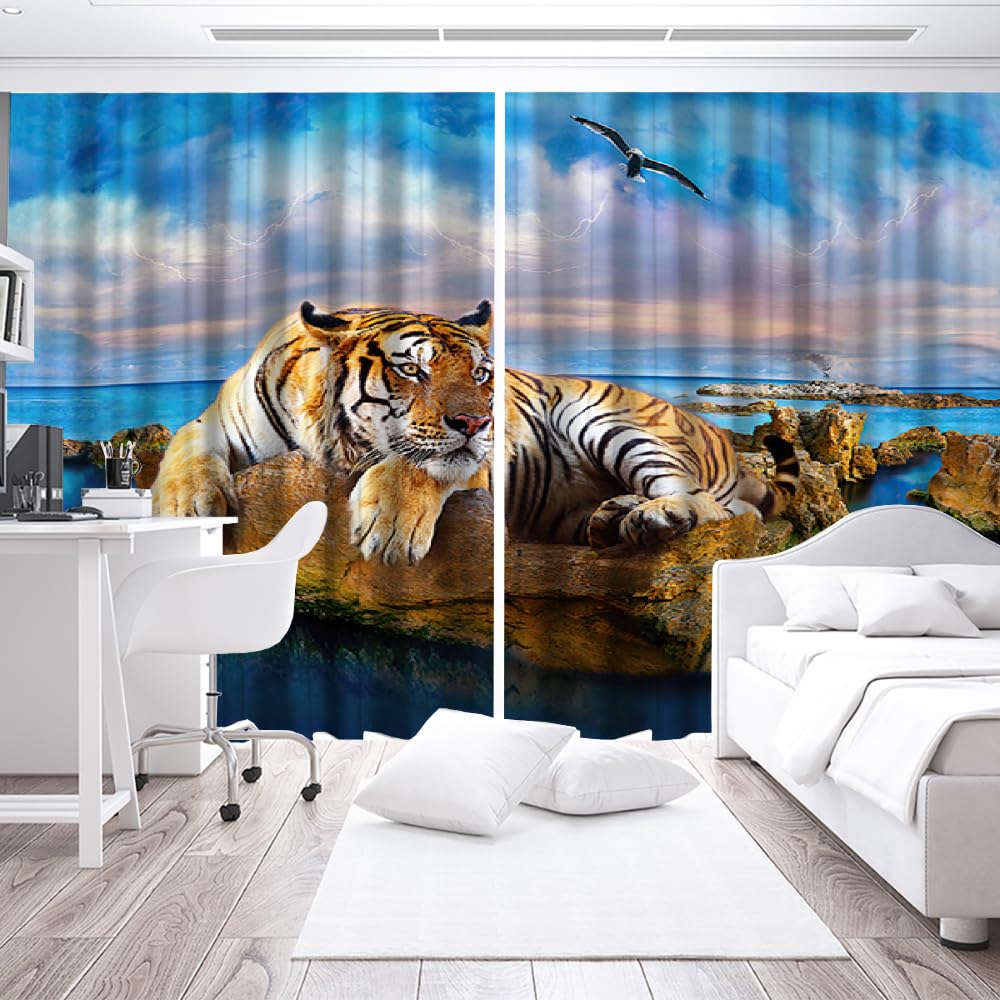 HABEAT 3D Tiger Vorhänge Abdunkelnde Tiere Tiger Kindervorhänge Vorhang mit ösen 2er Set Gardinen Blickdicht Verdunkelungs für Kinderzimmer Schlafzimmer Wohnzimmer B 150 X H 166 cm（Motiv 28-1）