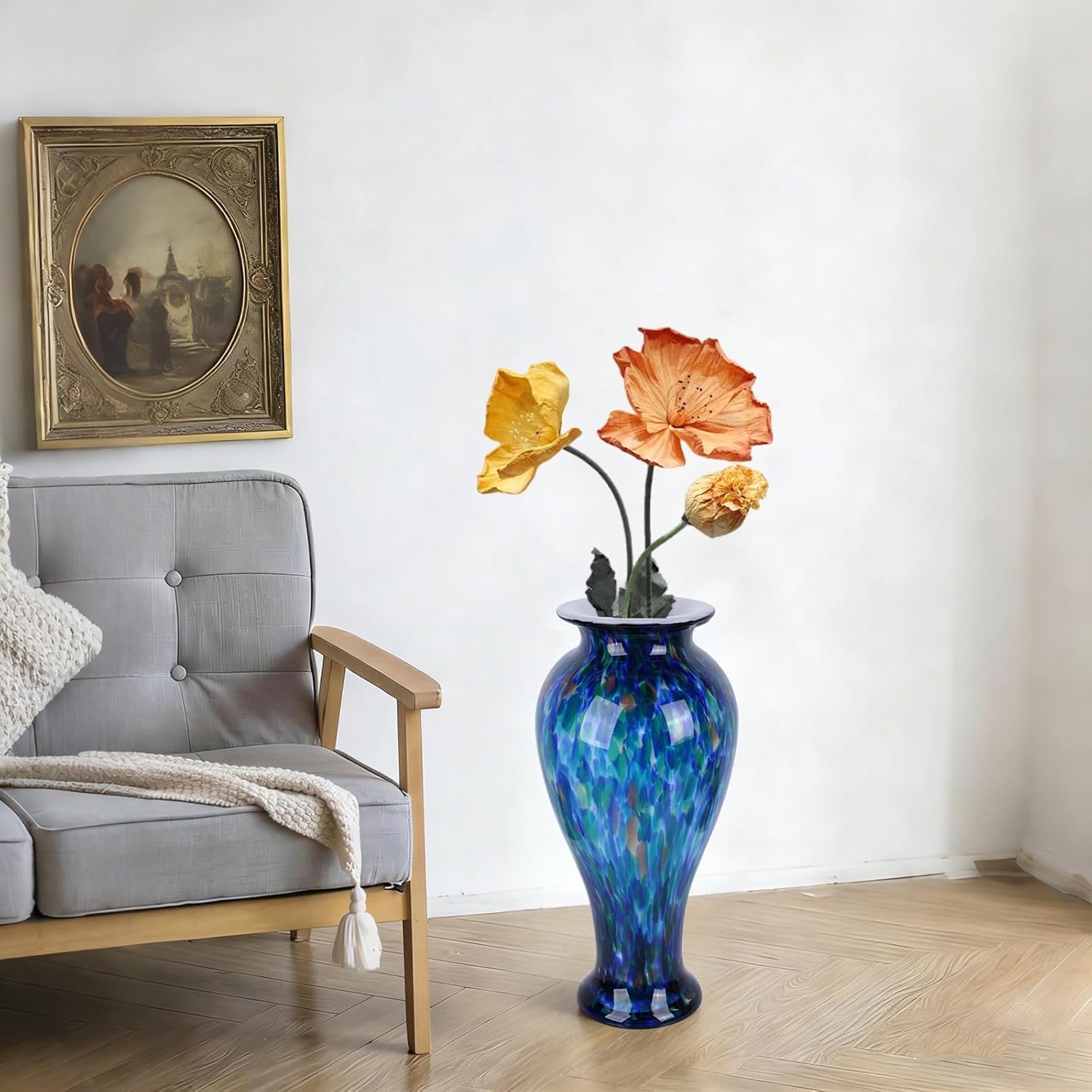 20" Tall Teal Glass Vases,Large Hand Blown Sea Glass Flowers Vase for Floor,Jarrones Grandes para Sala Elegantes, Pretty Modern Ocean Blue Flowers Vases for Living Room Wedding Decor