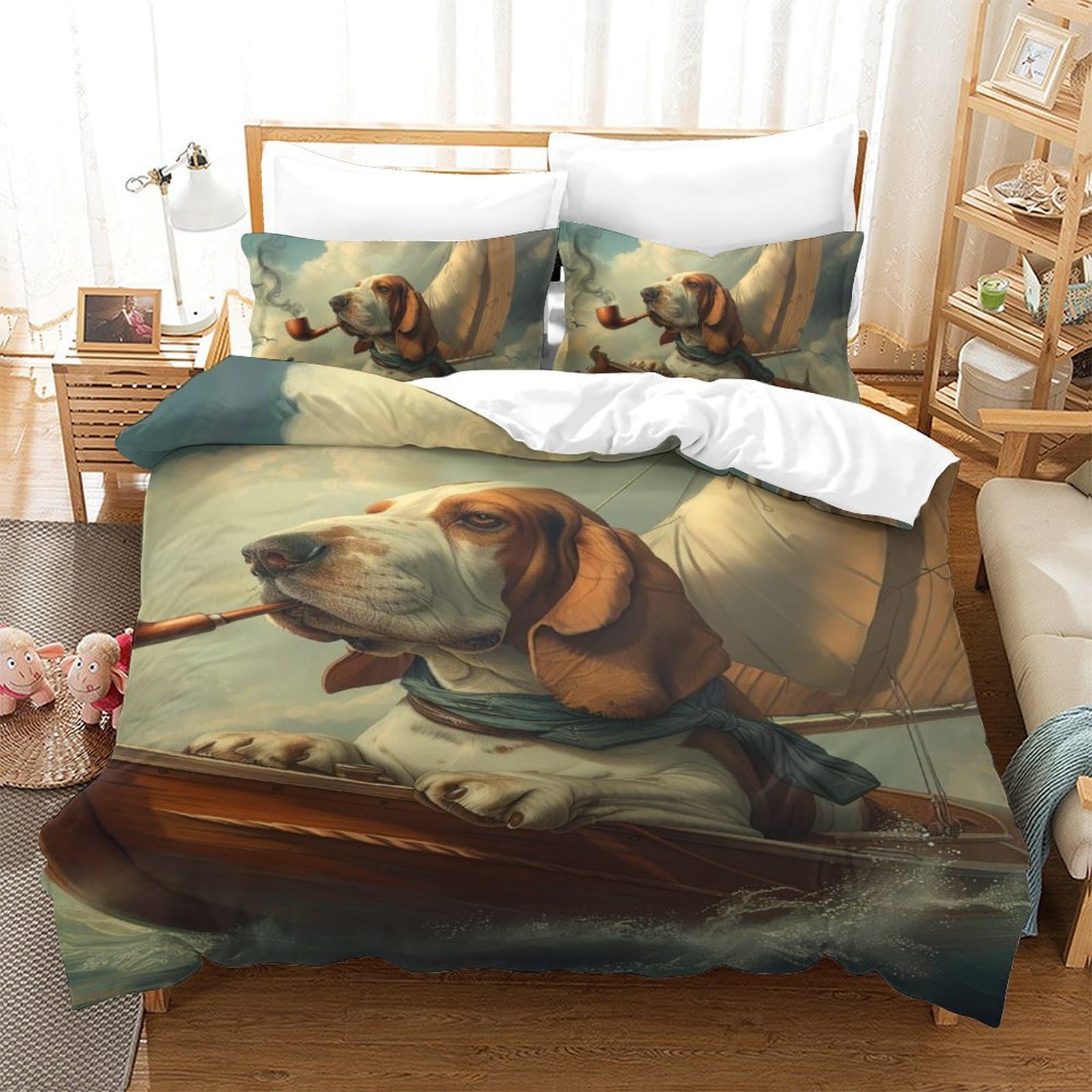 Housse de couette Basset Hound 140x200 cm en microfibre avec taie d'oreiller pour lit single