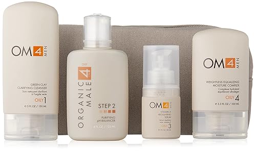 OM4 Oily Collection RegiMEN y bolsa de viaje de 4 pasos - 4 unidades con limpiador de tamaño completo, tóner, suero e hidratante para hombre