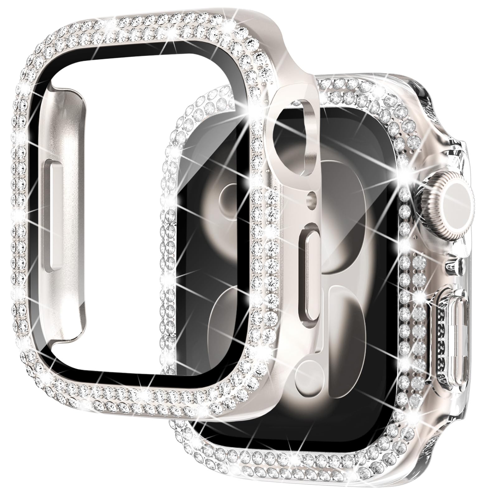 NewWays 2 Pack Compatible with Apple Watch Case 40mm Built-in Screen Protector,Women Diamond Bling Cases for iWatch Series SE(2025-2020) 6 5 4,Starlight/Clear