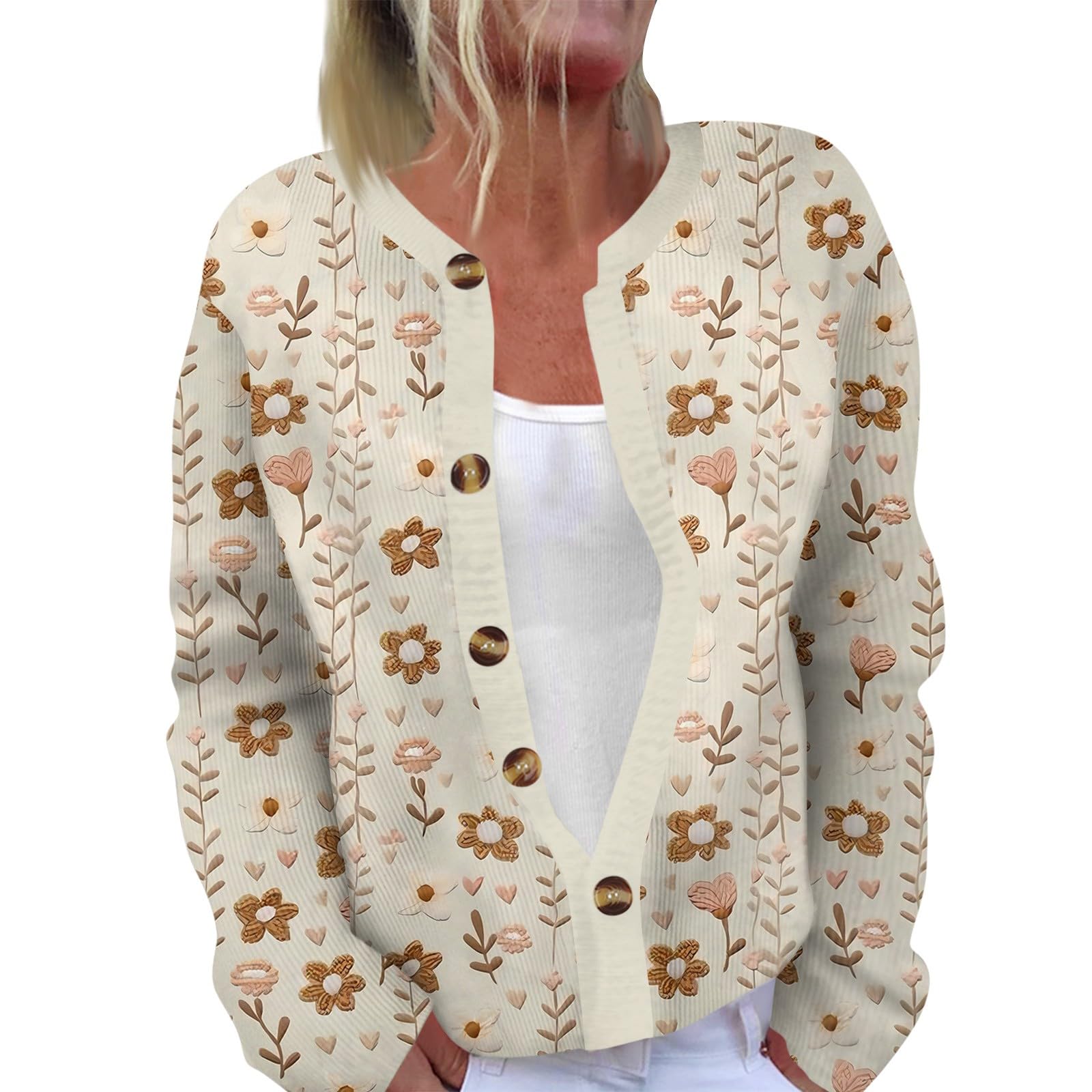 Long Cardigan Sweaters for Women Winter Crew Neck Button Down Sweater Cute Floral Print Cardigan Openfront Knit Jacket