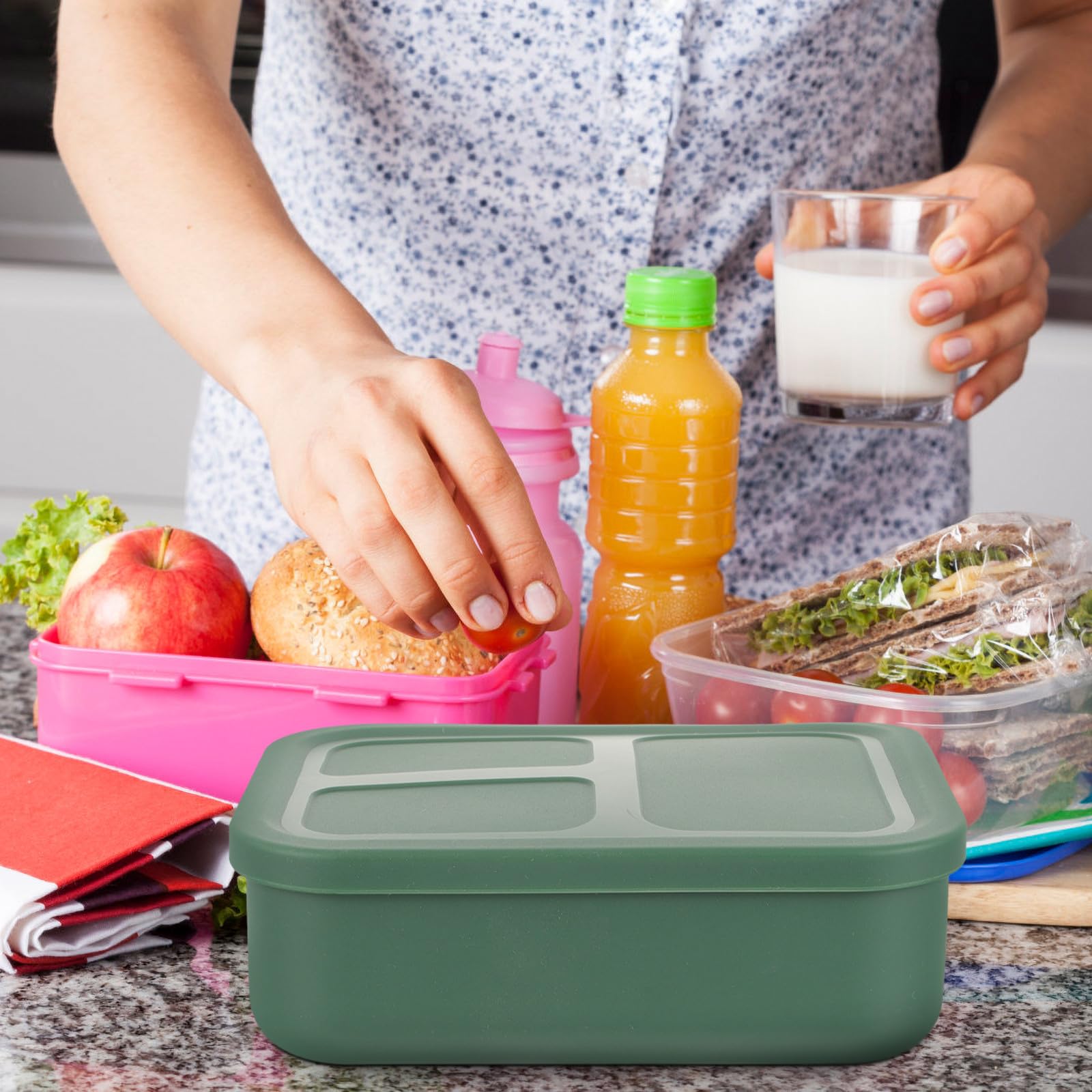 Zerodeko Boîte à Déjeuner en Silicone 3 Compartiments 420ml Micro-ondes Sûre Compartiment Droit pour Repas Maison ou Bureau