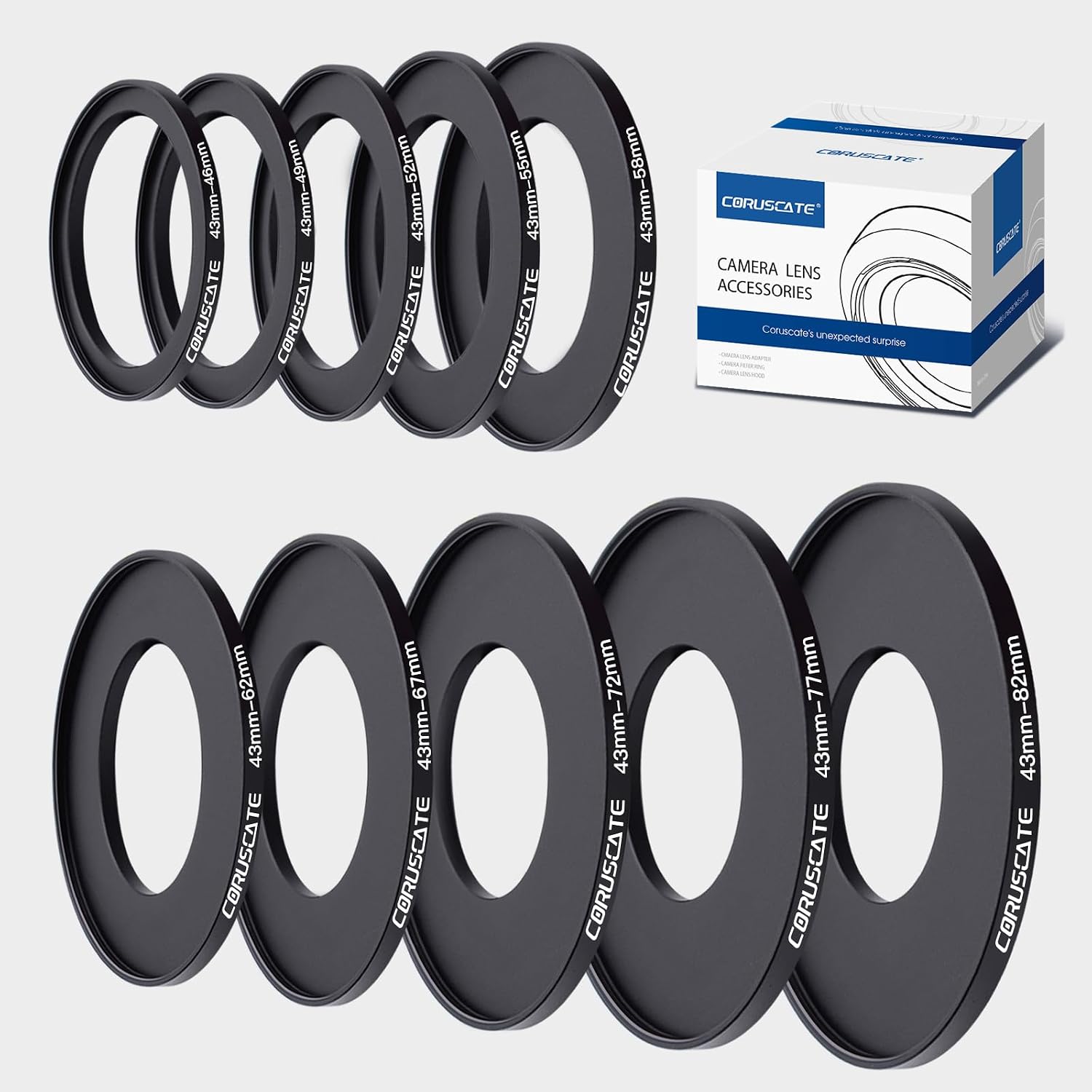 10Pcs Filter Ring Adapter Set, Lens Filter Metal Stepping Rings Compatible All Brands UV ND CPL (43-46mm,43-49mm,43-52mm,43-55mm,43-58mm,43-62mm,43-67mm,43-72mm,43-77mm,43-82mm)