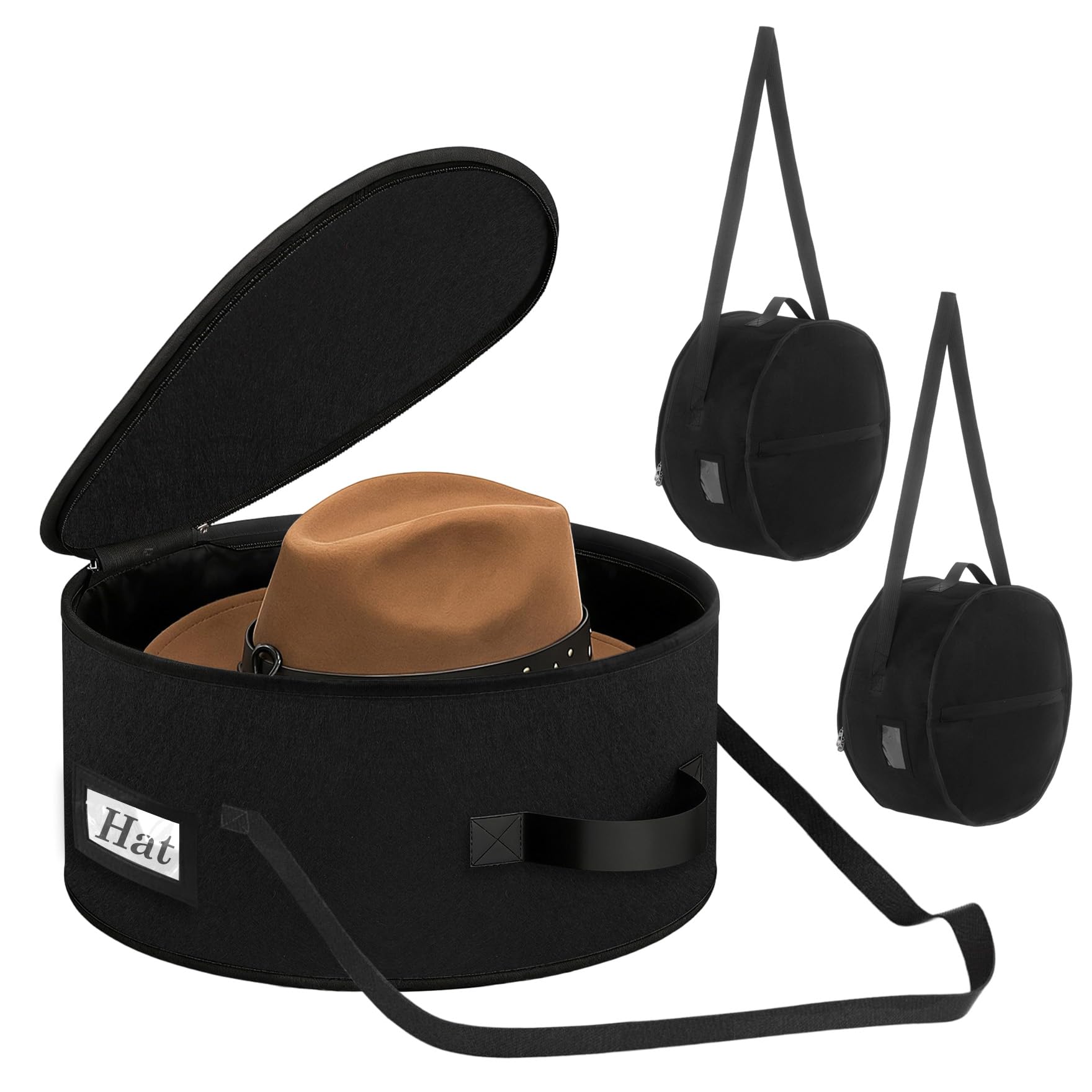 Klmnop 2 Pack Felt Cowboy Hat Storage Box, 16.54x7.48 Inch Crush-Proof & Dust-Proof Cowboy Hat Case for Women, Wide Brim Hats Carrier with Shoulder Strap & Handle for Travel & Closet Organizer