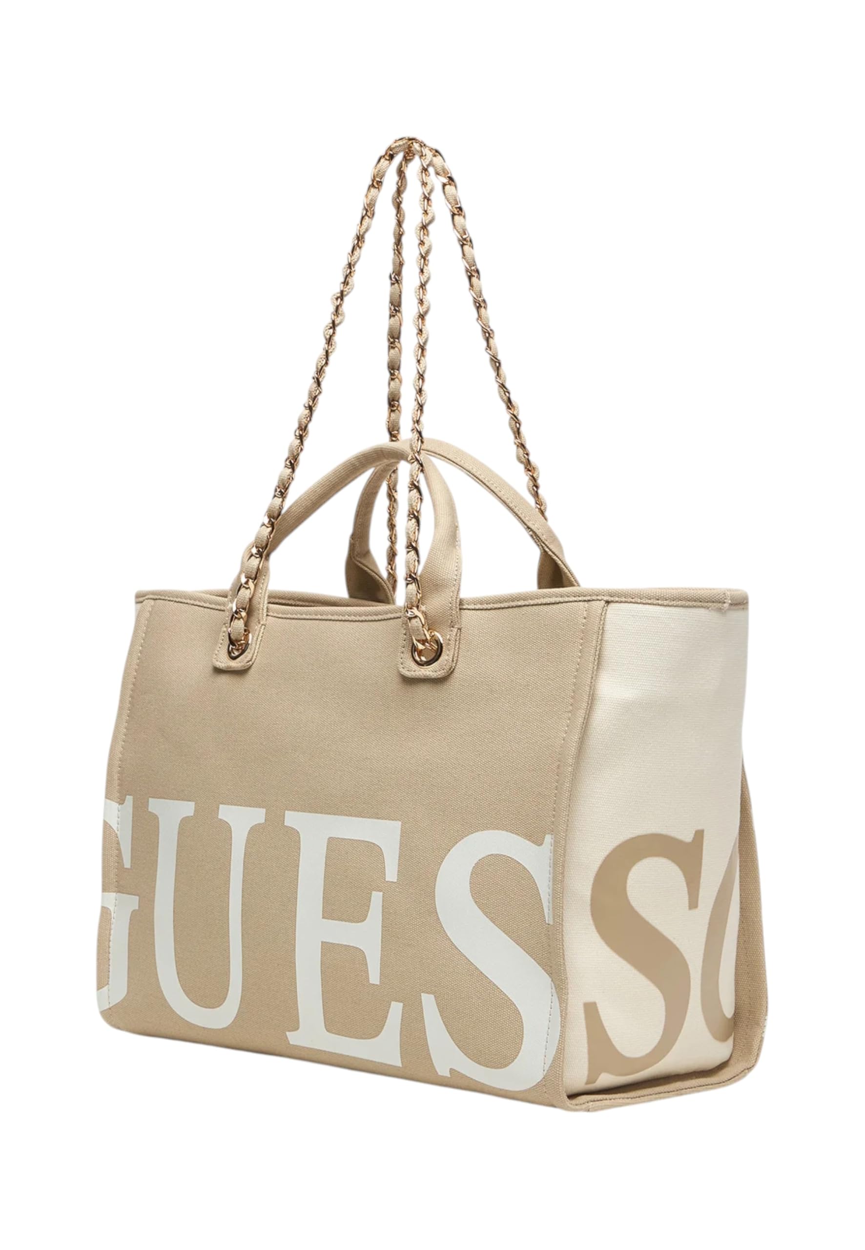 GUESS Strandtasche für Damen aus Stoff mit Logo, Beige, 50 x 31 x 18 cm, mit Griffen und Kettengurt, Reißverschluss