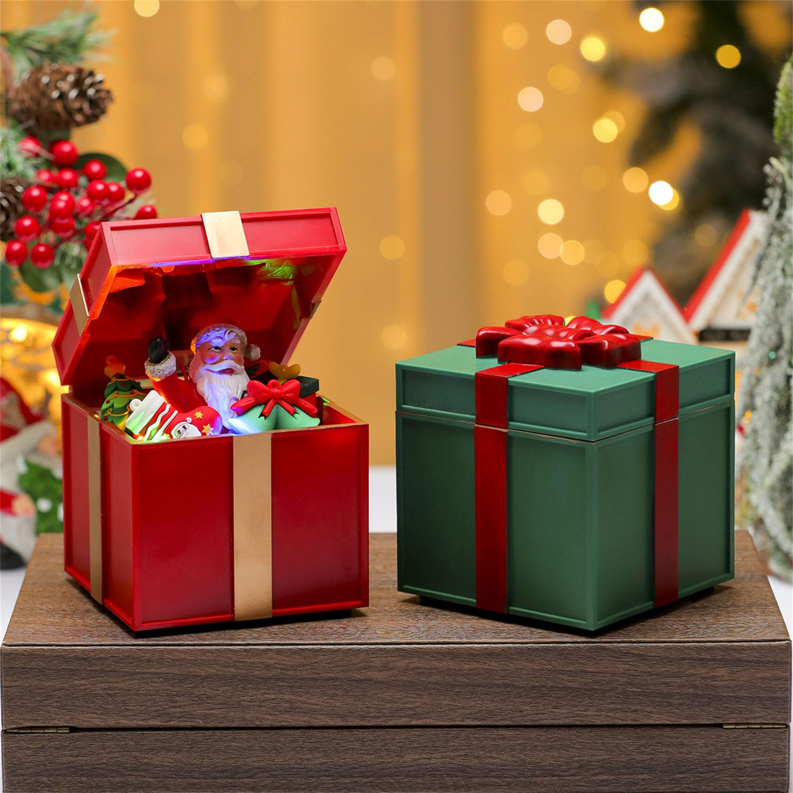 Cajas de regalo musicales LED para reproducción de canciones de Navidad, materiales inastillables, dos opciones de poder, decoración del hogar, fiesta, decoración de vacaciones, cajas de