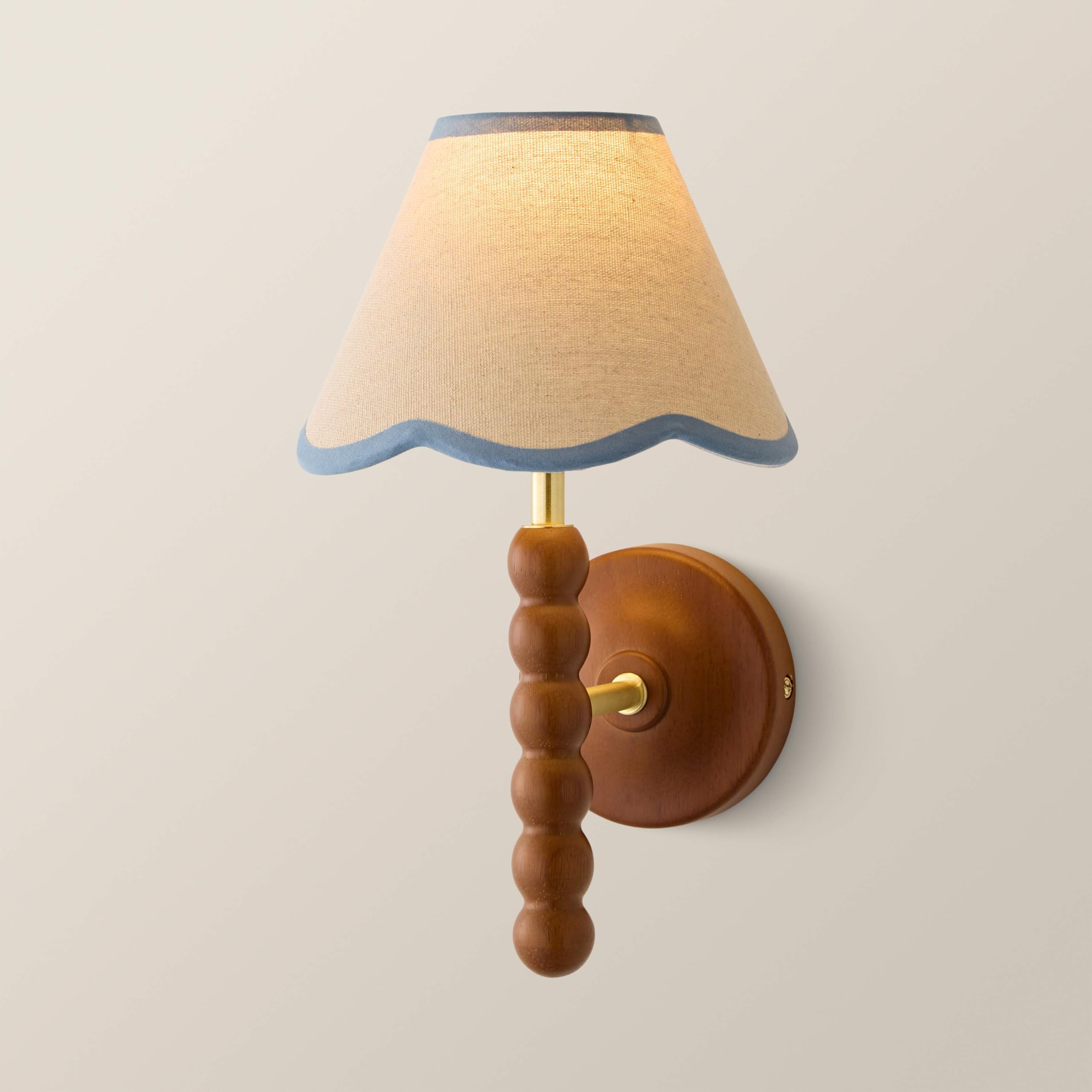 ValueLights | Bobbins Walnut Bobble Wall Light and Blue Trim Linen Lamp Shade and Bulb | Mains Wired