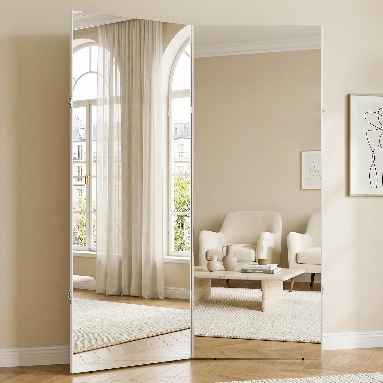 brisafe nanomirror space-saving 360° folding full length mirror, 63" x 47" ultra-large wall mounted shatterproof foldable design for home gym, yoga, dance, fitness studio, white