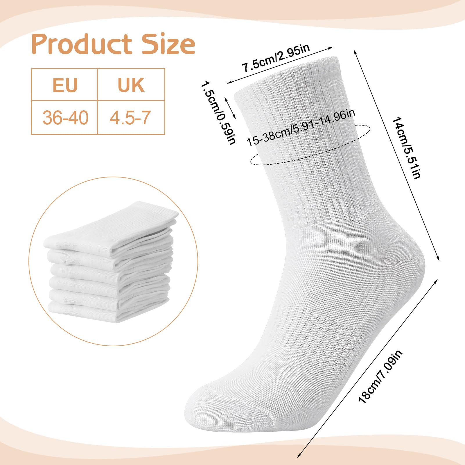 6 Paar Tennissocken Damen Weiße Sportsocken Damen Crew Socks Atmungsaktive Baumwollsocken Lange Socken EU 36-40/38-43