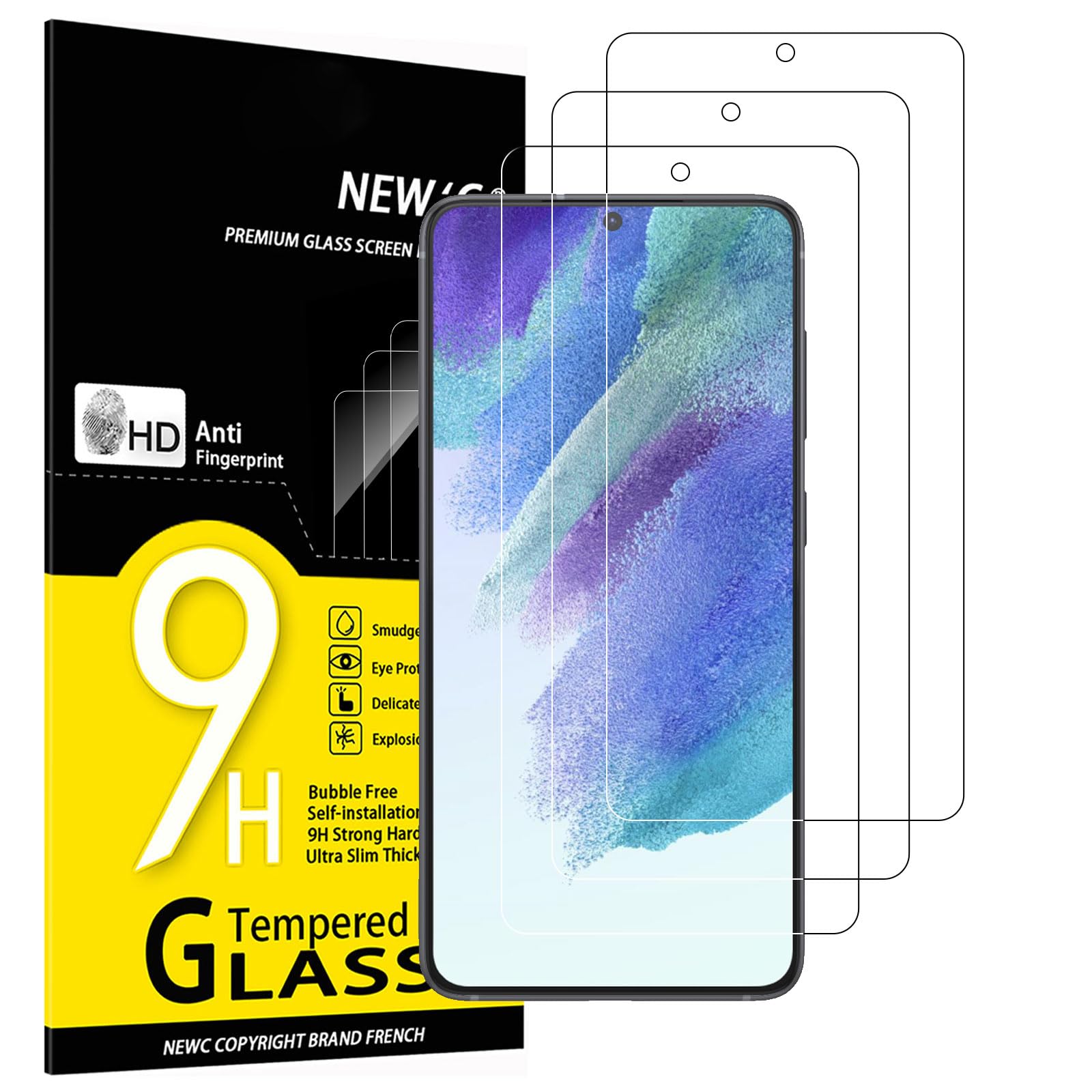 NEW'C 3 Pack for Samsung Galaxy S21 FE 5G Tempered Glass Screen Protector Film No Float, Super Durable 9H Hardness, Bubble Free