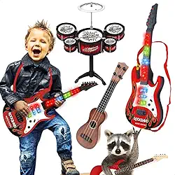 Mini Bateria Guitarra Infantil Ukulele de Brinquedo Musical Educativo para Criança Desenvolve Coordenação Motora Criatividade Senso Musical Presente Menino Menina (Bat. Vermelha / Violão Escuro)
