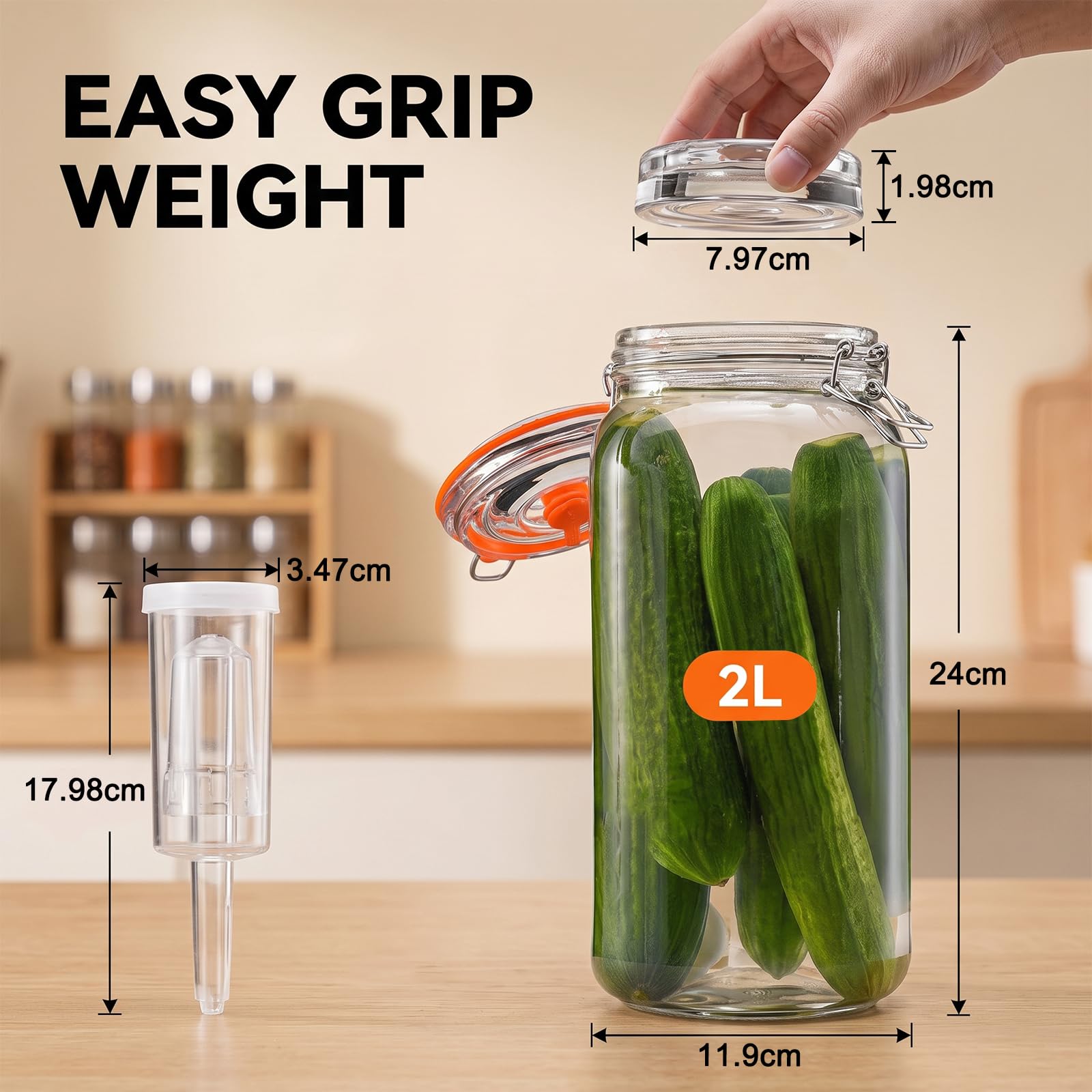 Barattoli per fermentazione da 2 l, 2 pezzi, con fermentazione e peso, contenitore per kimchi, per crauti, kimchi, salsa calda, met, kombucha e sottaceti, con coperchio