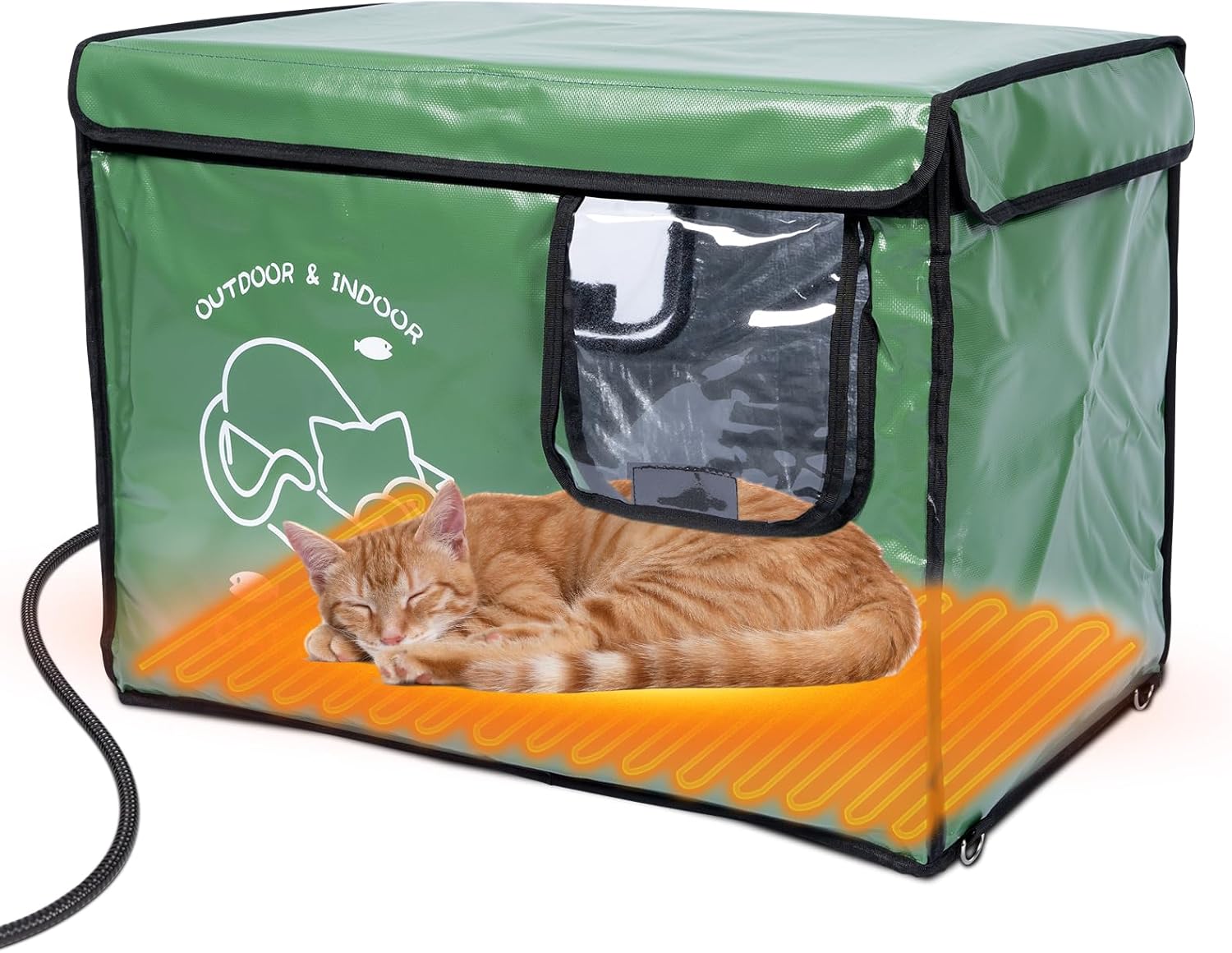 Heated Cat House Outdoor with Two Exits,Insulated and Waterproof, Outside Weatherproof Cat Shelter for Feral,Stray Cats in Winter (Army Green, L)