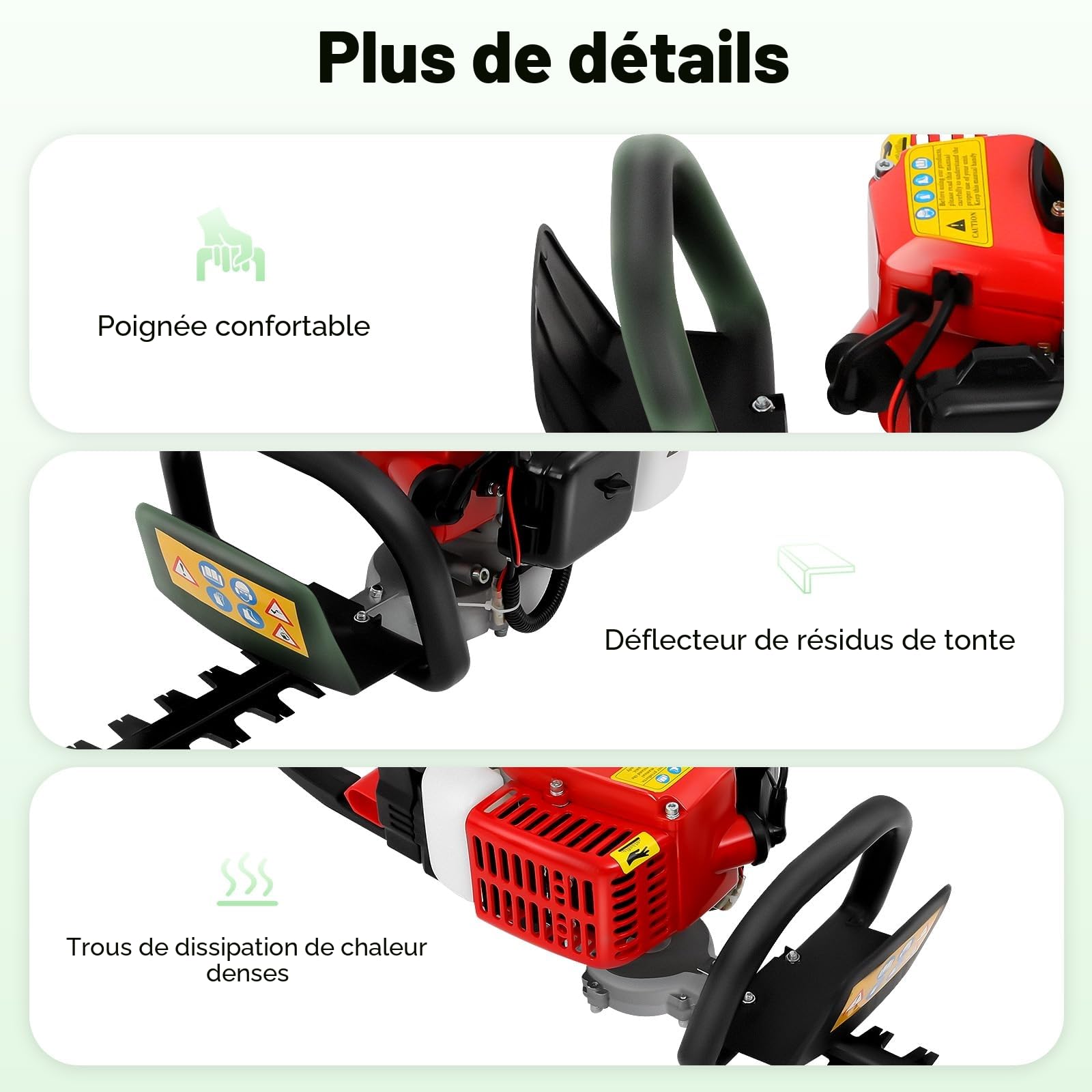 Taille-haie à essence avec lames professionnelles durables en acier trempé, longueur de coupe de 560 mm, poignée rotative à 180°, embrayage centrifuge, poignée ergonomique, moteur puissant à 2 temps
