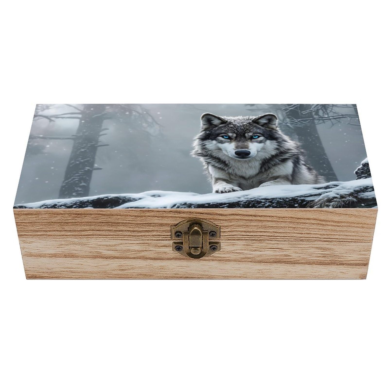 SMAZDFXX Wolf In Snowy Winter Scene Wooden Keepsake Box Vintage Solid Wood with Hinged Lid 7.9"×3.7"×2.3" Metal Latch Rustic Home Decor for Jewelry Photos And Trinkets