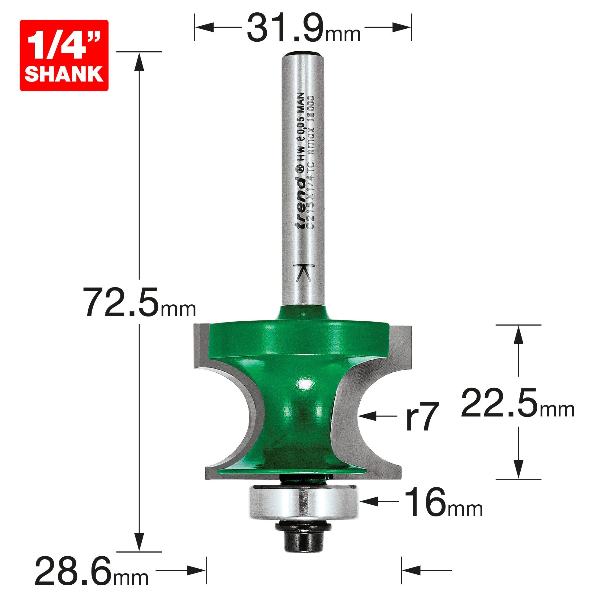 Trend CraftPro Fresa guiada por rodamiento para moldura de esquina, 1/4” | Perfilado preciso de bagueta de esquina: Ø31,9 mm, L22,5 mm, R7 mm, metal duro TCT, C215X1/4TC
