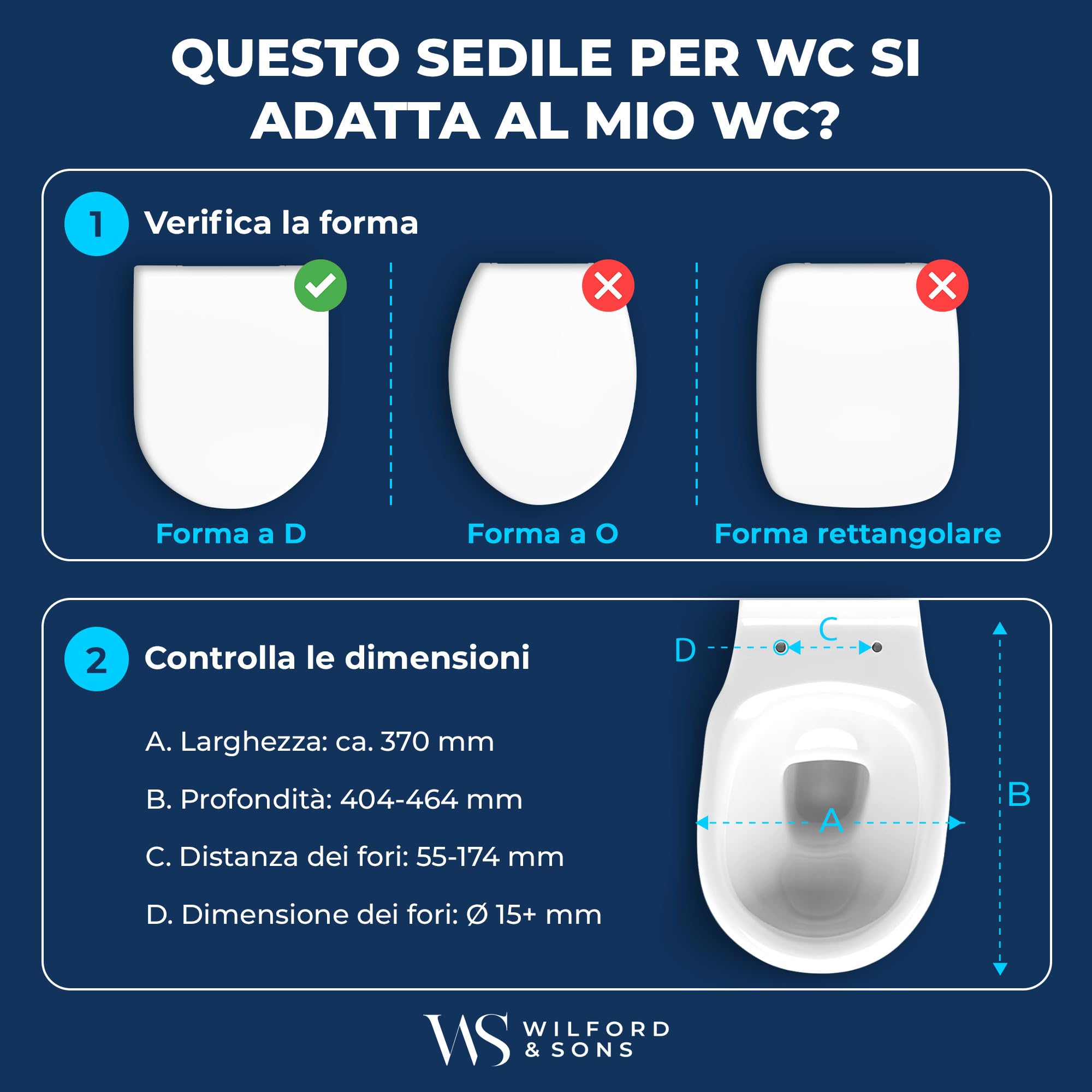Wilford & Sons PREMIUM Coperchio del WC - Sedile WC con Chiusura Ammortizzata - Copriwater D-Form Bianco - Sedile del water di alta qualità - Sedile WC removibile - Sedile per toilette in Duroplast