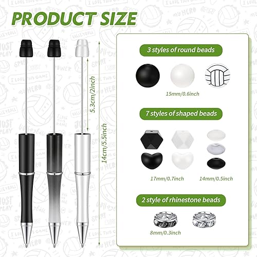 Miniatura 3 de Juego de 12 bolígrafos deportivos de cuentas de plástico, bolígrafos de cuentas surtidas, cuentas de silicona, cuentas de cristal, tinta negra,