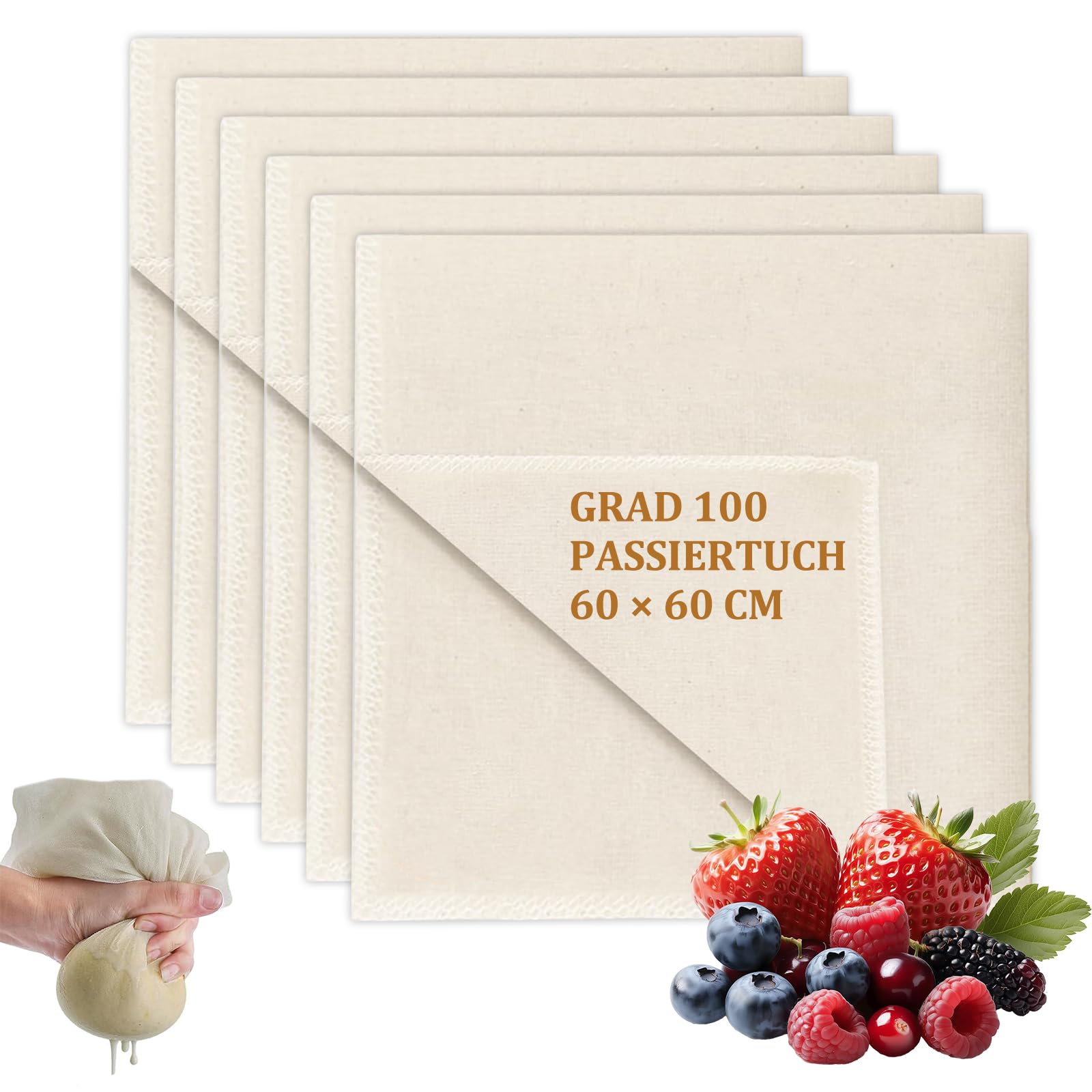 6 Stück Käsetuch Passiertuch Wiederverwendbar (60×60cm) Passiertücher, Seihtuch Mulltuch Küche Cheese Cloths Baumwolle Weich Sicherheit Hocheffiziente Filtration für Tägliche Anwendung Waschbar Baby