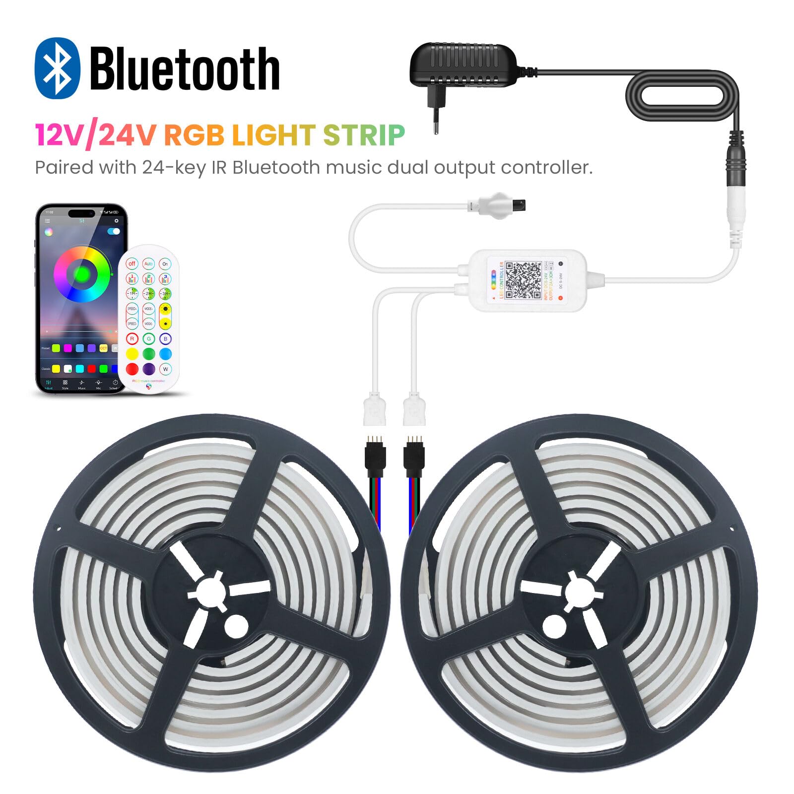 24V LED Strip Neon COB LED Streifen, 576 LEDs/m IP67 wasserdicht RGB LED Band Light Strip mit 24 Tasten IR Bluetooth Musik RGB Controller für DIY Beleuchtung Projekte.