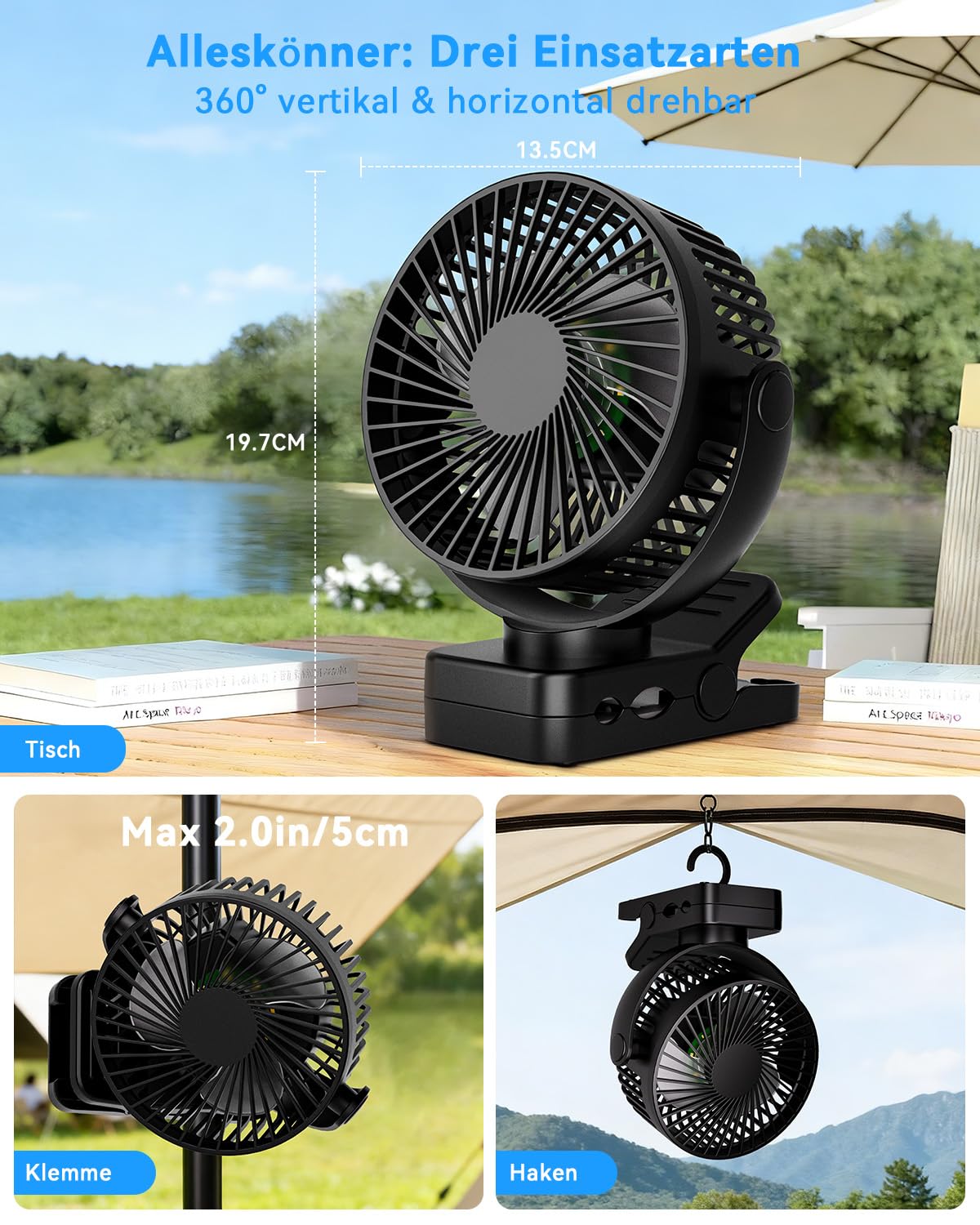 USB Tischventilator Leise mit 12000mAh Akku, Clip Camping Ventilator mit Fernbedienung, Mini Akku Ventilator mit Licht & Timer, 360° Drehbar, 3 Windstufen, Max 44Std Laufzeit für Camping