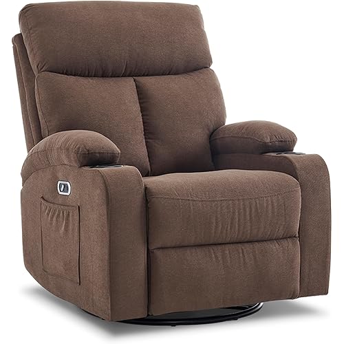 Power Swivel Rocker Recliner Massage Chair for Adults, Electric Rocking Recliner Glider Chairs for Living Room with USB and Type-C Ports,Fabric Reclining Sofa Chair (Mocha Brown)