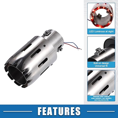 Miniatura 3 de Tubo de escape de coche con luces LED rojas ajustables de 1.2-2.2 pulgadas de entrada 6.7 pulgadas de longitud, punta de silenciador atornillada,