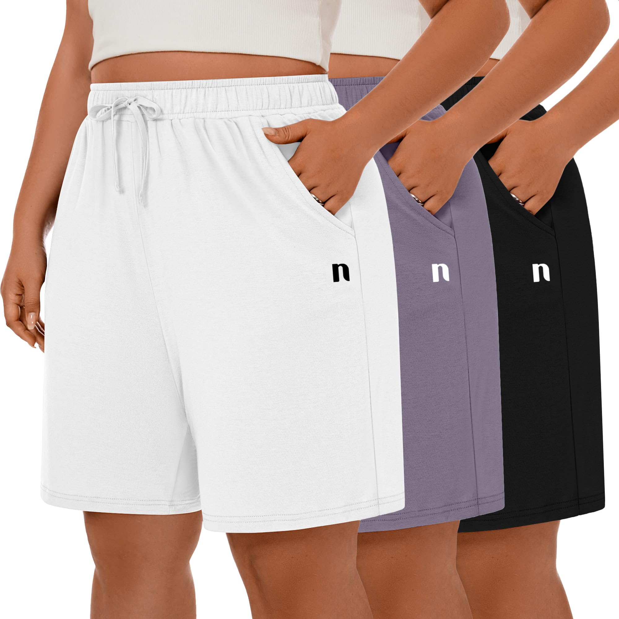 Neer 3 Pack Plus Size Women's Bermuda Shorts Cotton Drawstring High Waisted Casual Athletic Sweatpants Shorts with Pockets
