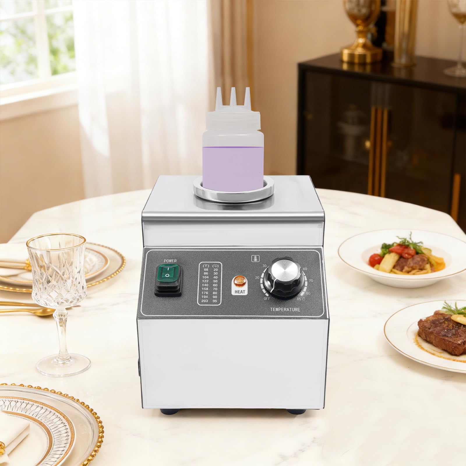 Scaldavivande elettrico con bottiglia da 680 ml, scaldavivande per cioccolato/formaggio, in acciaio inox, dispenser per salse con regolazione della temperatura 30-85 °C, 100 W, per ristoranti, caffè e