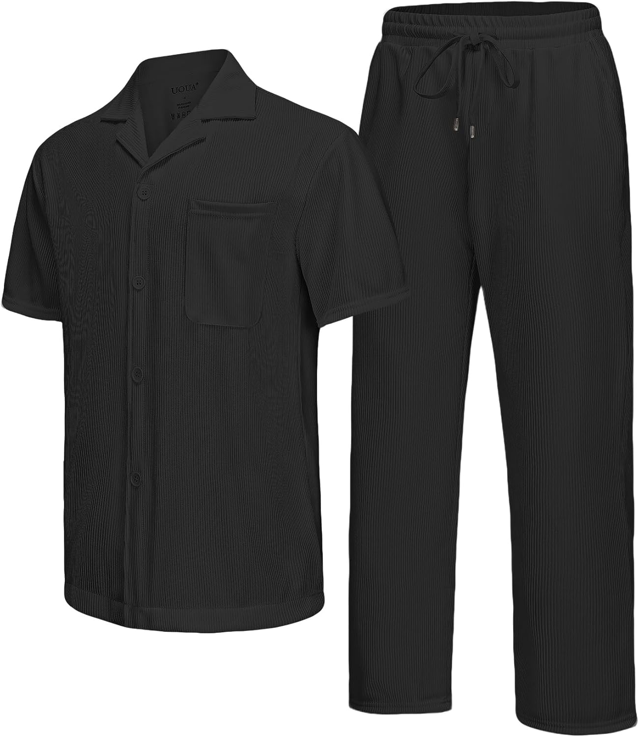 UOUA Mens Summer 2 Piece Set Casual Outfits Button Short Sleeve Shirt & Loose Pants Textured Striped Tracksuit Walking Suits - Image 5