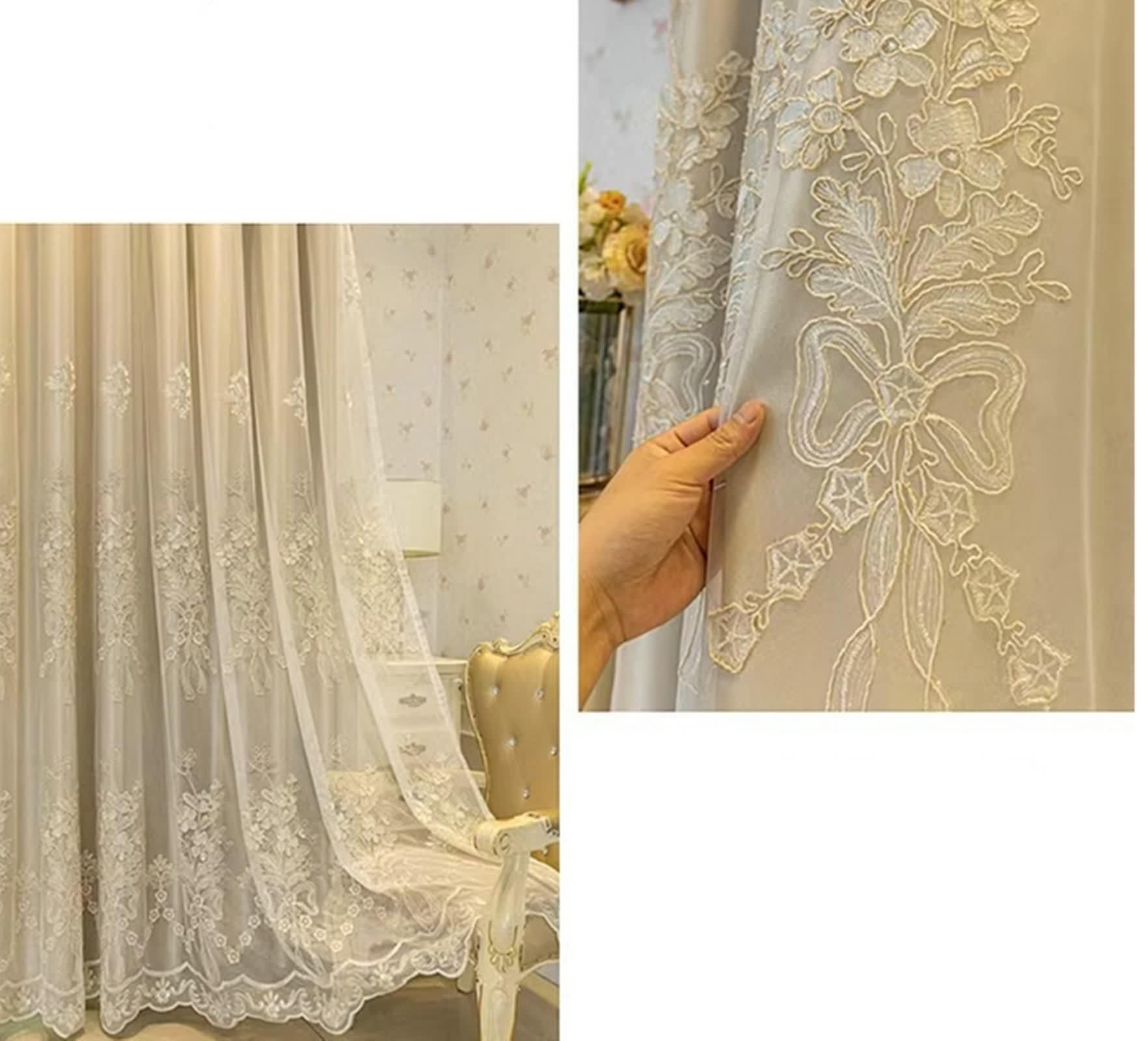 Rideau Fenetre Longue, Occultant Rideau Chambre Crémeux Polyester Double Couche avec Broderies Florales Lot de 2 LxH 86x115cm
