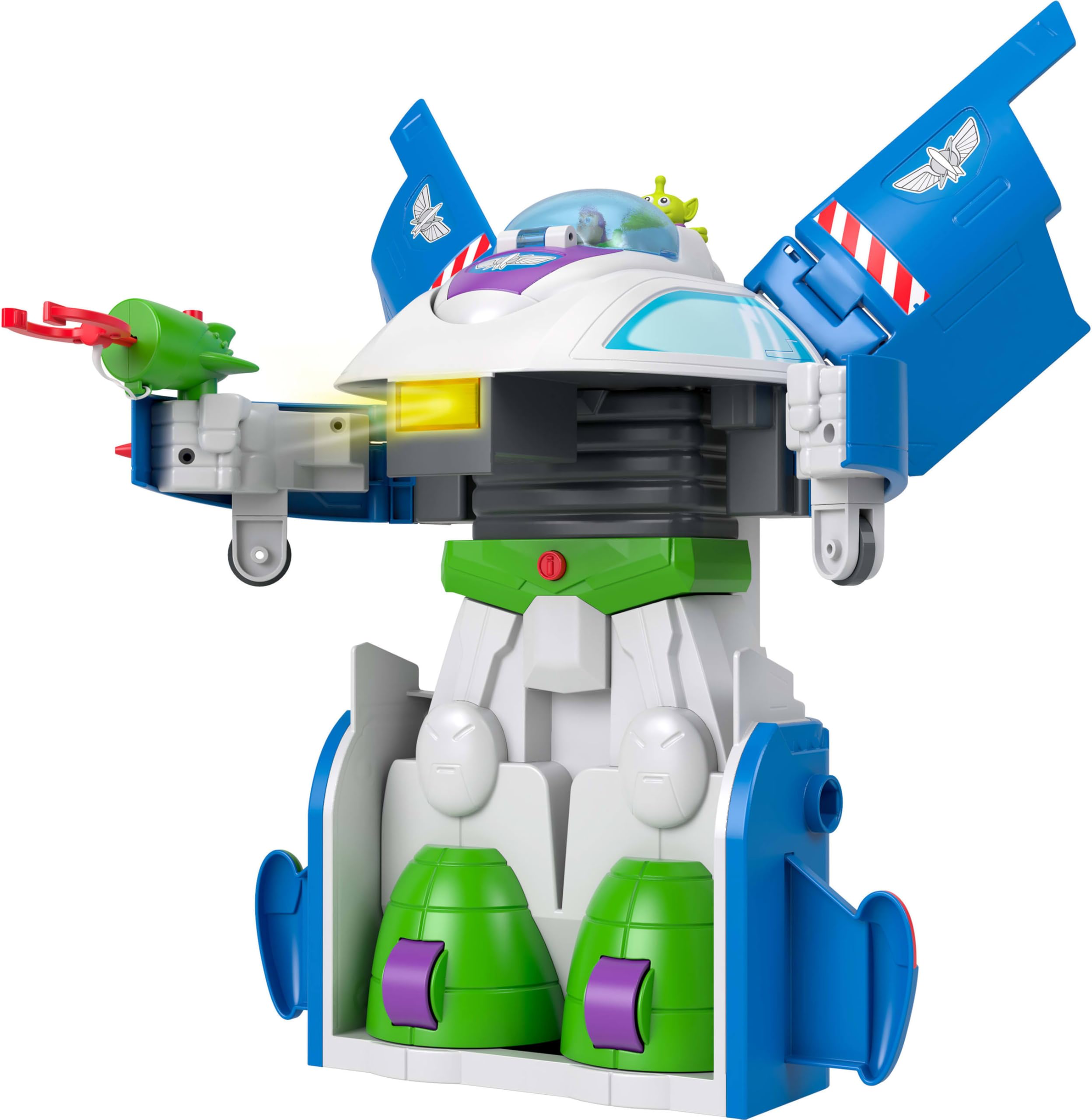 Imaginext Toy Story - Nave Trasformabile di Buzz Lightyear, veicolo 3-in-1 con luci e suoni, da astronave a robot fino a capsula di salvataggio, con Buzz, lanciatore e proiettili, JKW48