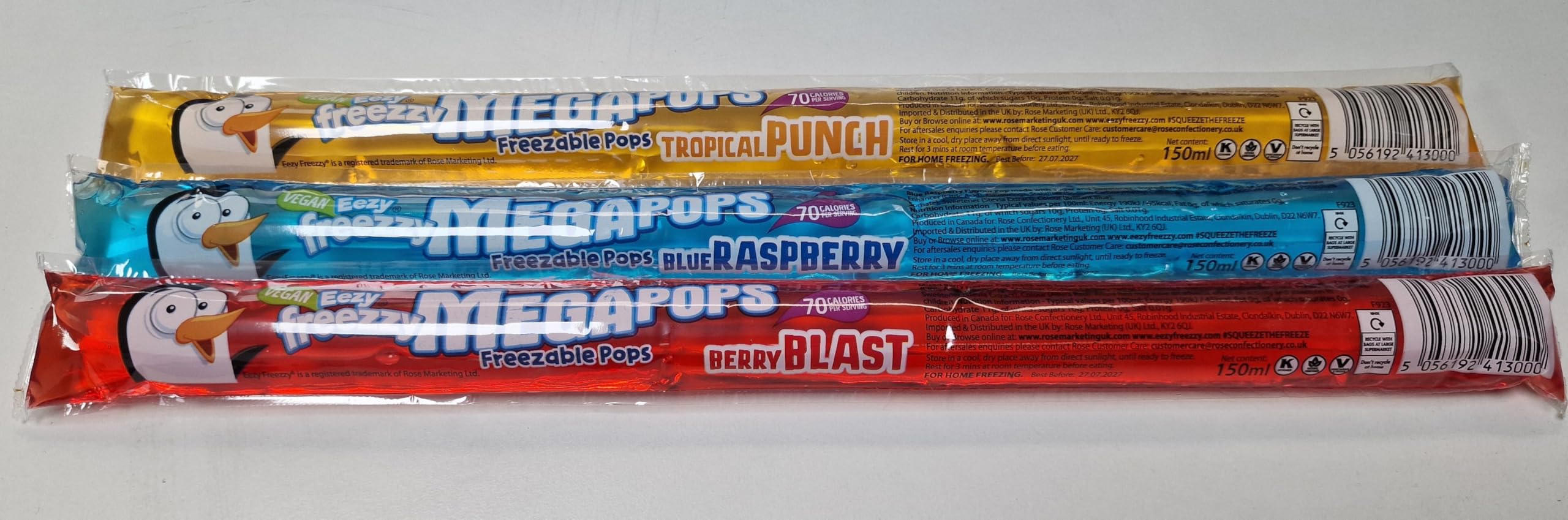 Eezy Freezy Megapops Eisstangen, gefrierbar, 27 x 150 ml Box, verschiedene Geschmacksrichtungen: Blue Raspberry, Berry Blast, und Tropical Punch | Geeignet für Vegan, Vegetarier & Koscher