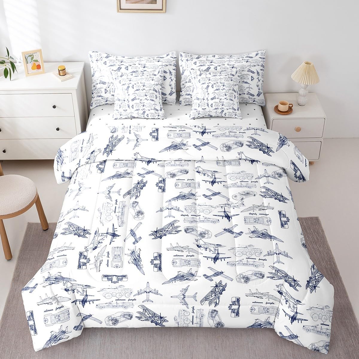 Aircraft Comforter Set With Sheets 7 piece Queen Size Kids Airplane Print Bedding Set Aircraft Flying Bed in a Bag Sketch Style Blue White Bed Set with Comforter,Sheets,Pillowcases,Cushion Covers