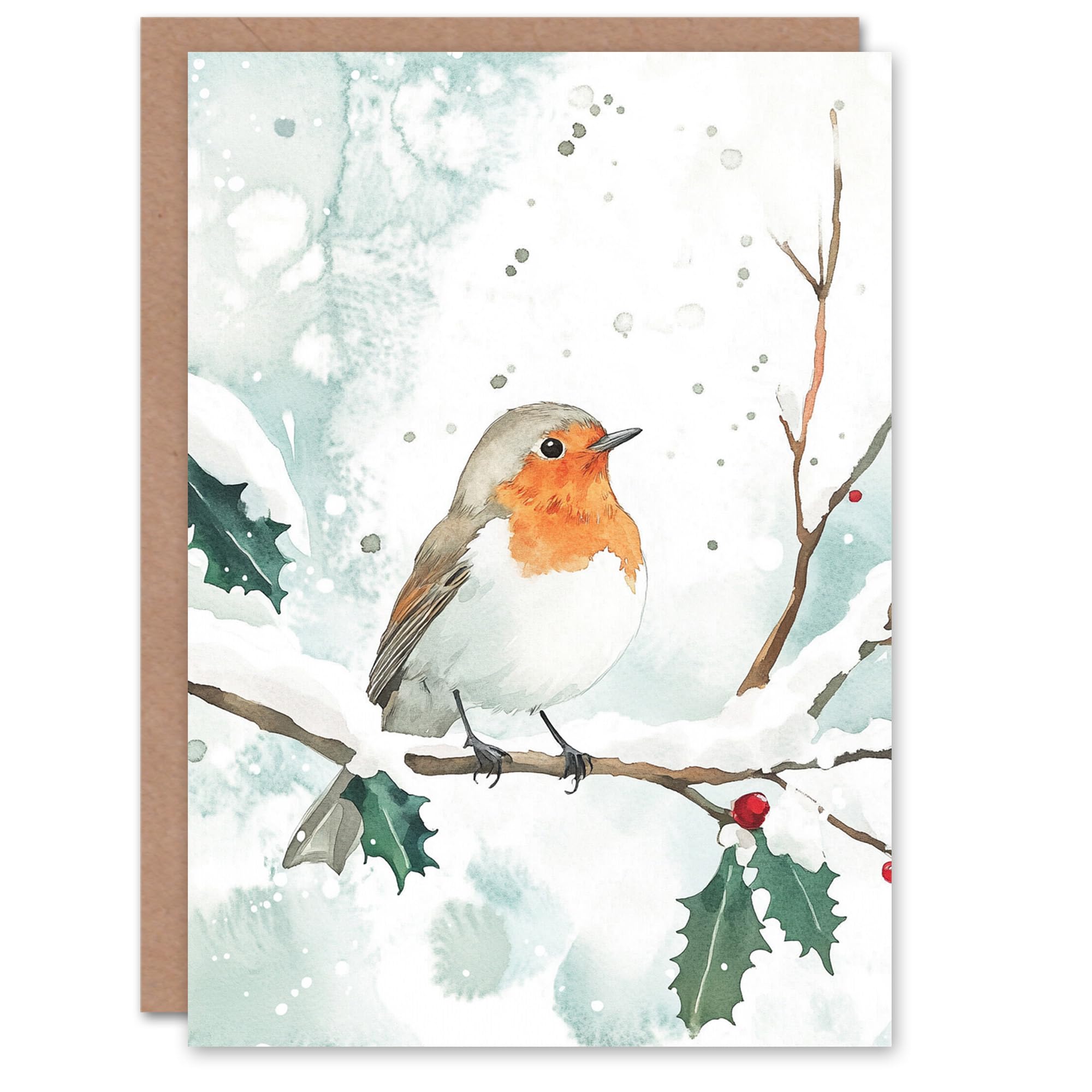 Artery8 Robin Bird Holly Branch Winter Snow Watercolour Blank For Him Or Her Art Christmas Card