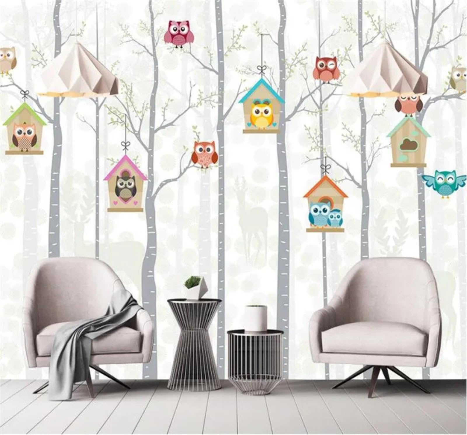 Tzxztt Minimalist Forest Cartoon Owl Reindeer Modern 3D Wallpaper Premium Textured Silk Neutral Tones Material Ideal for Living Room Bedroom-350cm×256cm