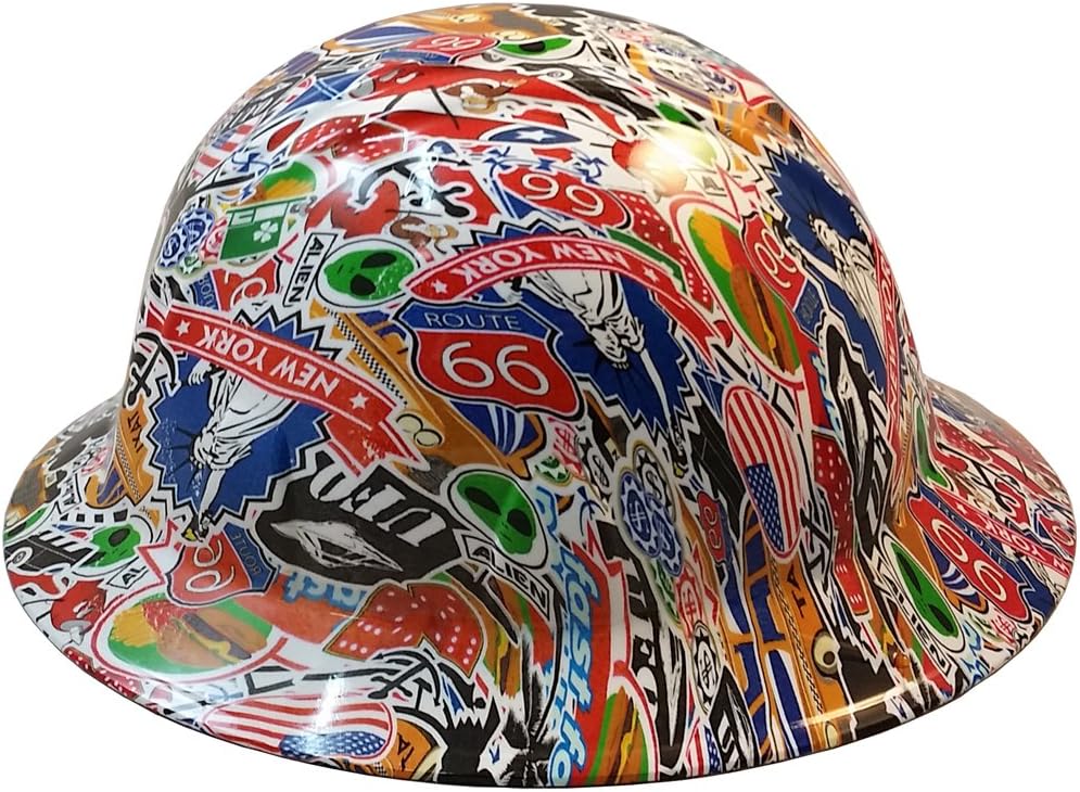 Hydrographic Full Brim Hard Hats with 6 Point Suspension - Route 66 Sticker Bomb