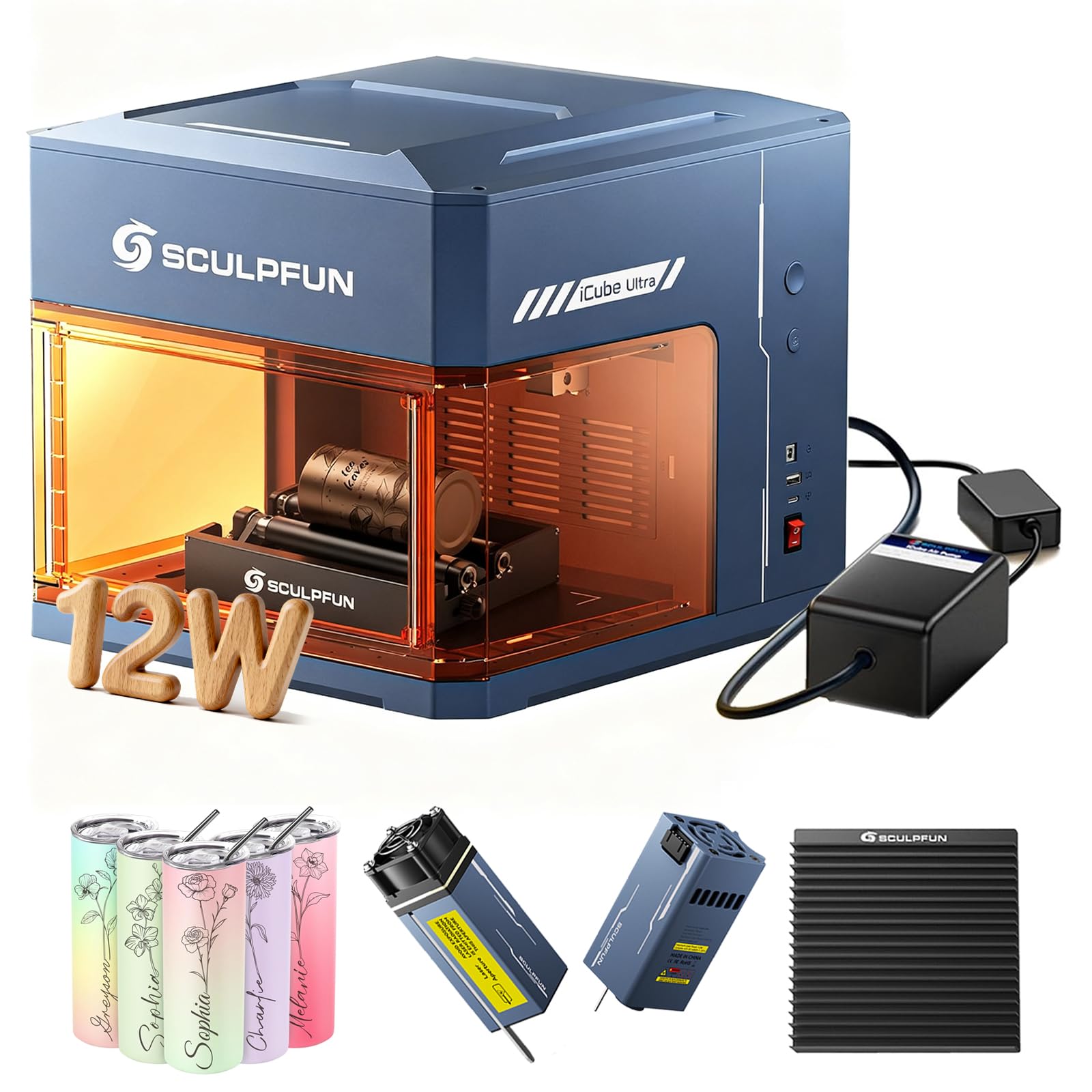 SCULPFUN iCube Ultra Máquina de grabado láser dual de diodo de 12W+ láser rojo de 1,2 W, máquina de grabado láser totalmente cerrada con rodillo de filtro de humo, placa de panal, kit de bomba de aire