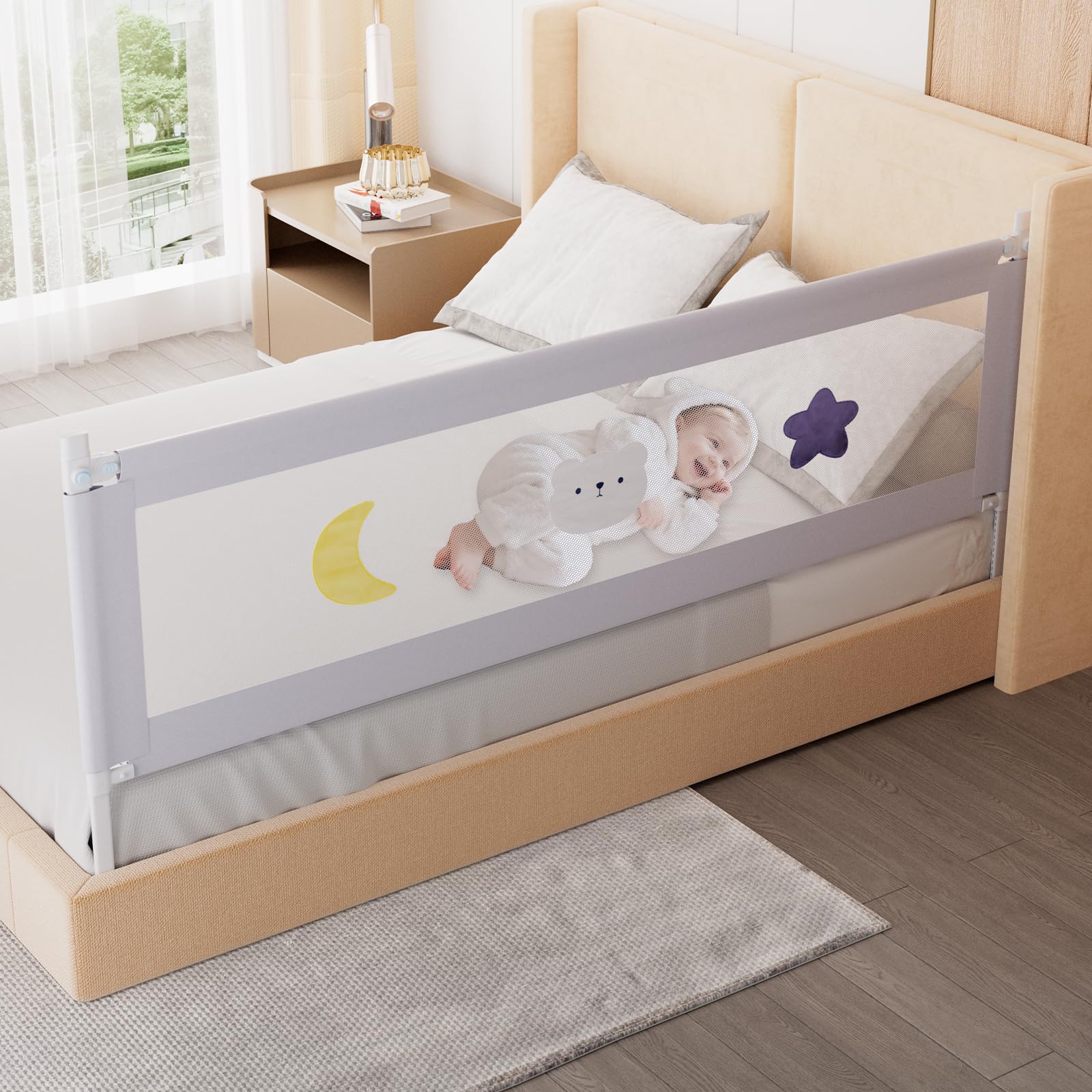 omzer Bed Rail for Toddlers - Baby Bed Guard Rail with Double Child Lock, Safety Bedrail for Children Kids with Pattern, Infants Height Adjustment Guardrail for Queen Size - 1 Pack, 59”