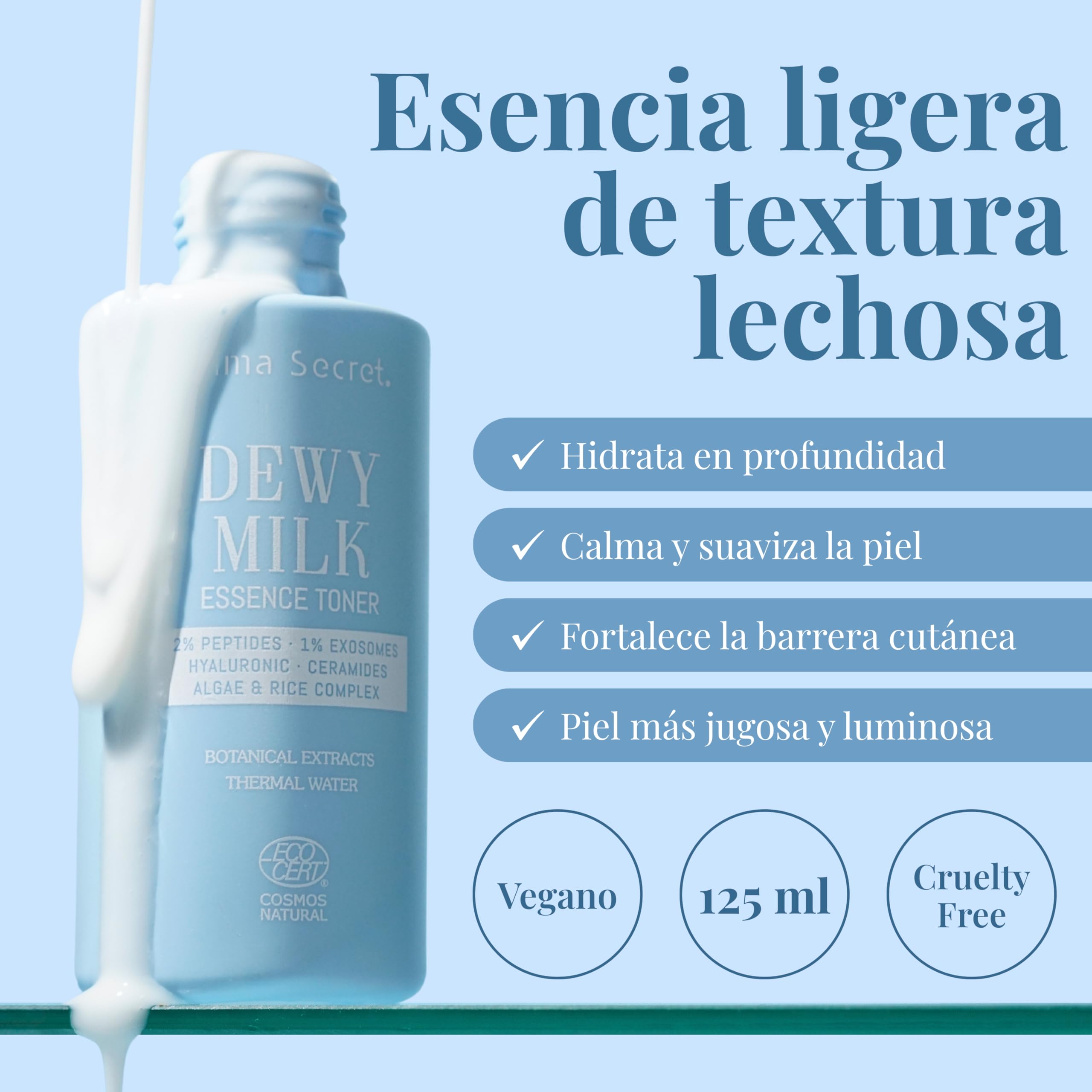 ALMA SECRET | Dewy Milk Essence Toner - Tónico esencia hidratante oil free de textura lechosa con Exosomas, Péptidos, Arroz y Ceramidas - Piel jugosa, calmada y con efecto glass skin - 125 ml