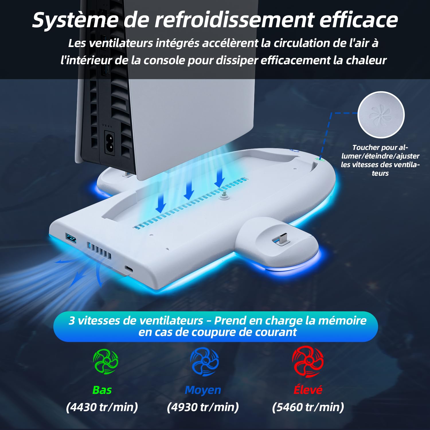 Wigearss PS5 Slim Ventilateur Station de Refroidissement, Support de Charge Vertical avec Chargeur Double Manette avec Vitesse de Ventilation Réglable sur 3 Niveaux, Lumières RGB(Pas pour PS5/PS5 Pro)