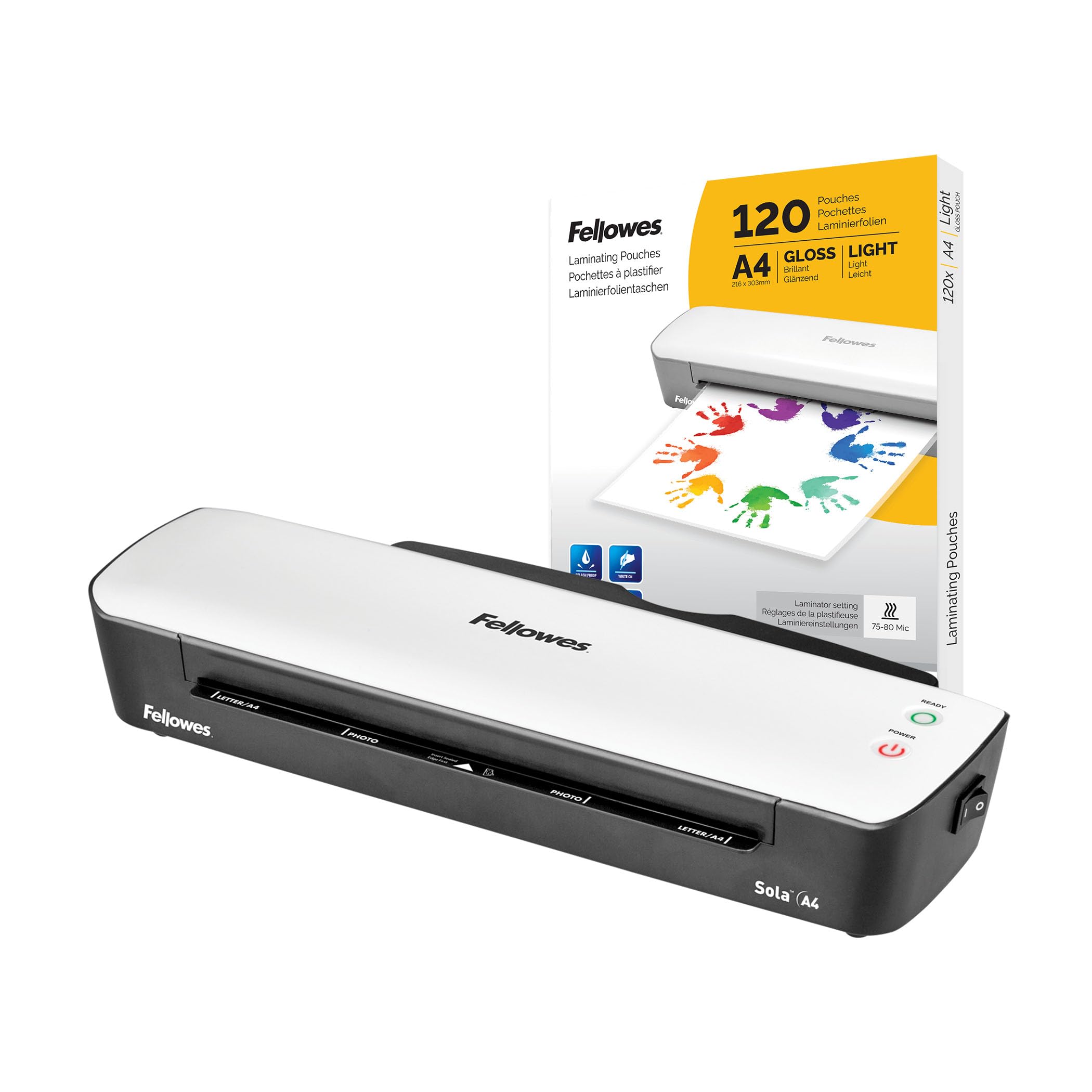 Bundle of Fellowes Sola A4 - Plastificadora de documentos, para uso ocasional, plastificadora A4 con apagado automático, 80-125 micras + Fellowes Pack de 120 fundas de plastificar A4, Acabado brillo