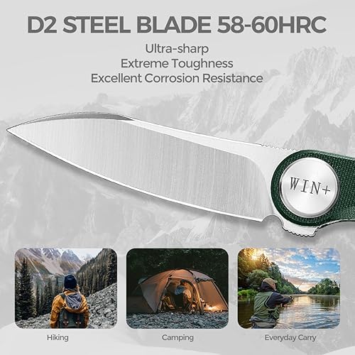 Miniatura 5 de WIN+ Cuchillo de bolsillo, cuchillo plegable con bloqueo de forro, cuchillos tácticos con rodamiento de bolas y clip, cuchillo pequeño EDC D2 para