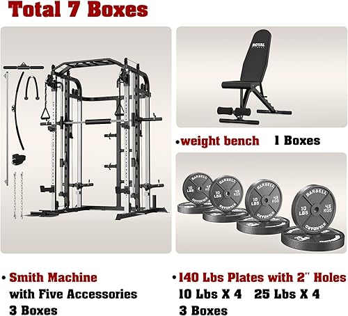 Miniatura 2 de Máquina Royal Fitness Smith, estante de jaula de potencia multifuncional con barra Smith y sistema de polea de cable, y máquina de tracción LAT para