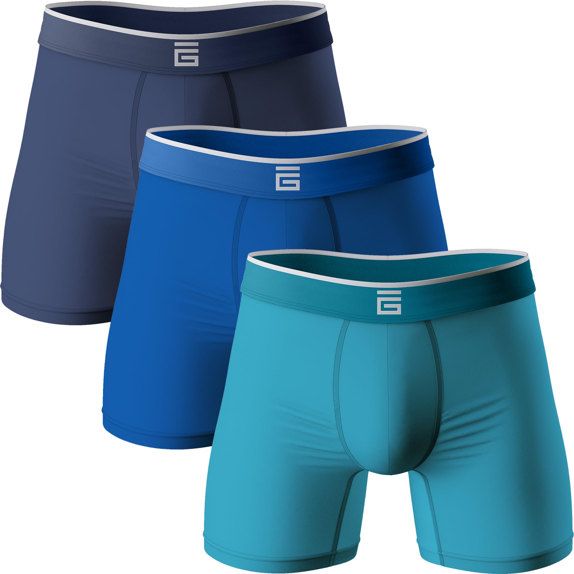 Giovici Mens Boxers Bamboo Anti Chafing Soft Comfortable Boxer Briefs Longer Leg - Boxer Shorts Multipack - Moisture Wicking Technology (3 Pack, Blues, L)
