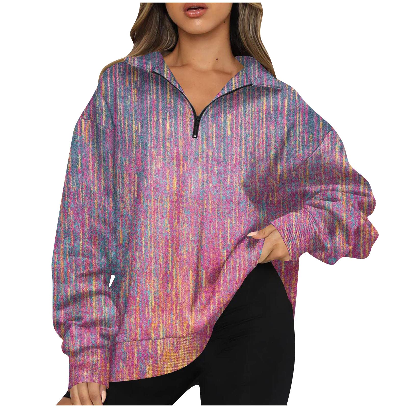 AMXYFBK Womens Fashion Fall Quarter Zip Neck Long Sleeve Print Sweatshirts Casual Oversized Y2K Sweatshirt With Pocket