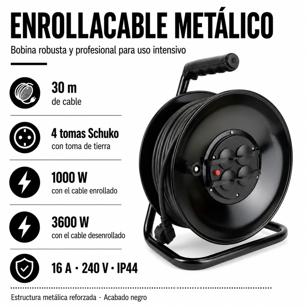 Silver Electronics - Enrollacables profesional 30 m, IP44, 4 tomas Schuko con toma de tierra, cable 100% cobre H05VV-F 3G2,5 mm², 16 A, 3600 W desenrollado, tambor metálico negro