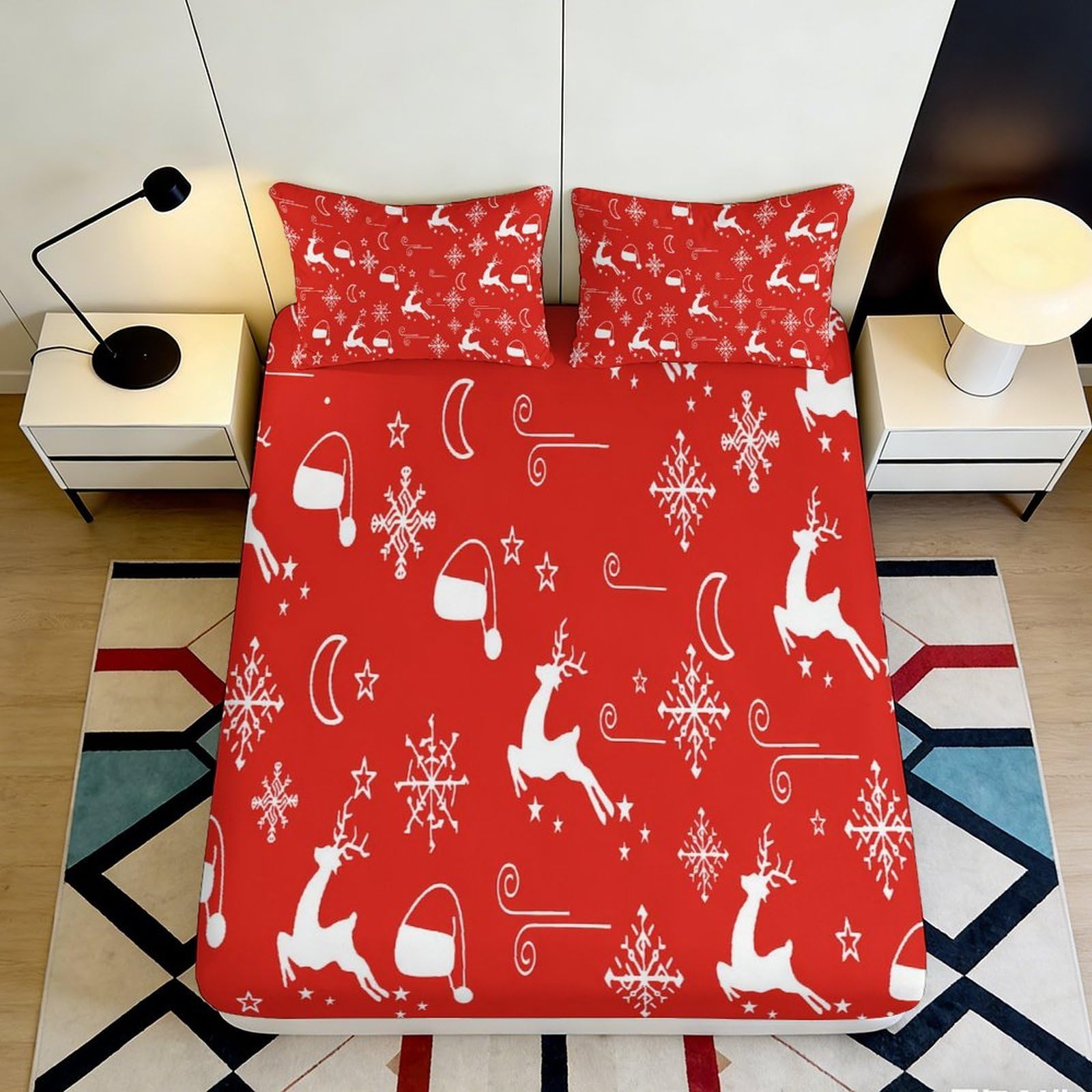 3D Printed Christmas Reindeer Fitted Sheet Microfiber Soft Red Snowflake Bed Cover for Bedroom Guestroom Decor 90x200x25cm