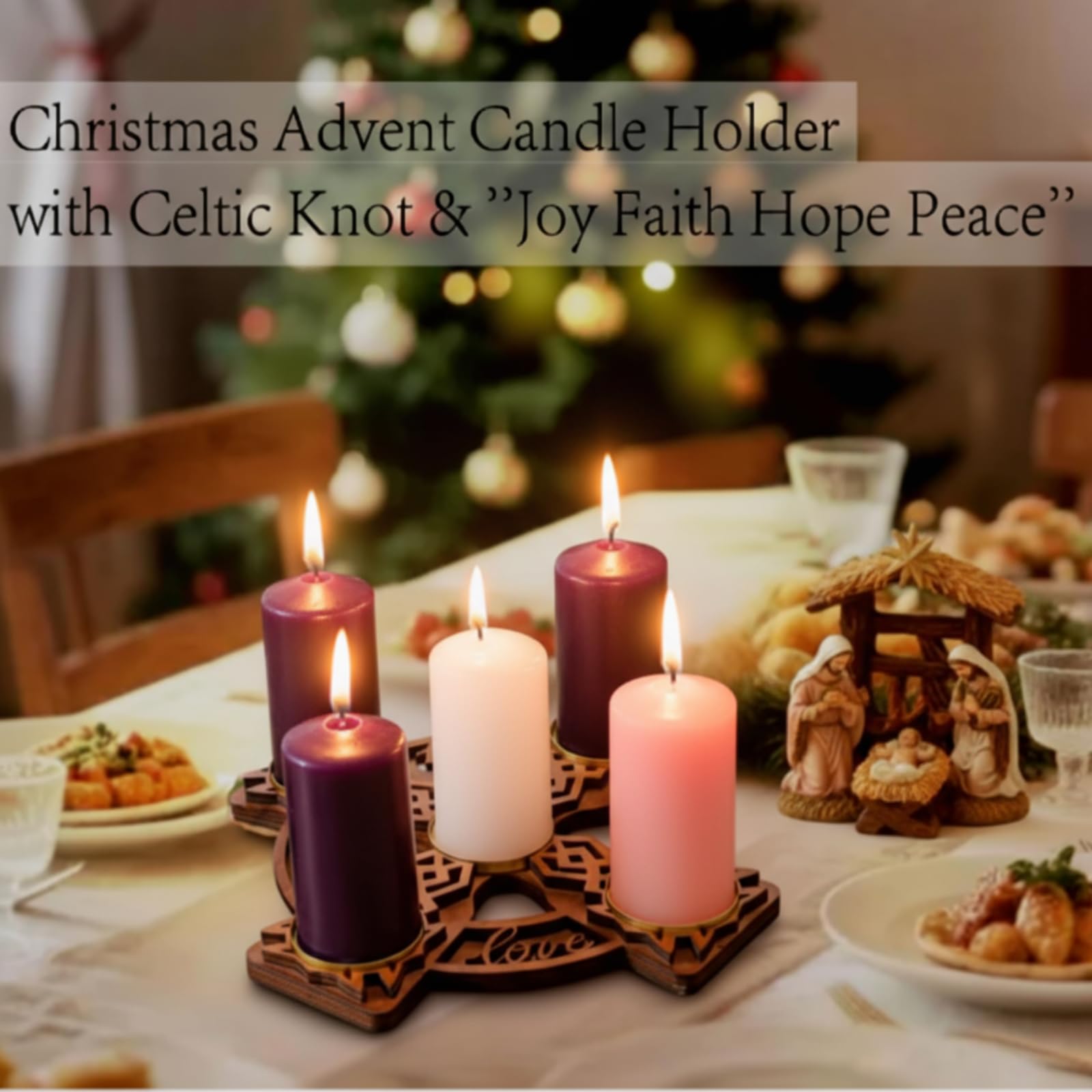 Roowest Portacandele in legno con nodo celtico per la tavola di Natale, centrotavola, decorazione religiosa (candele non incluse)
